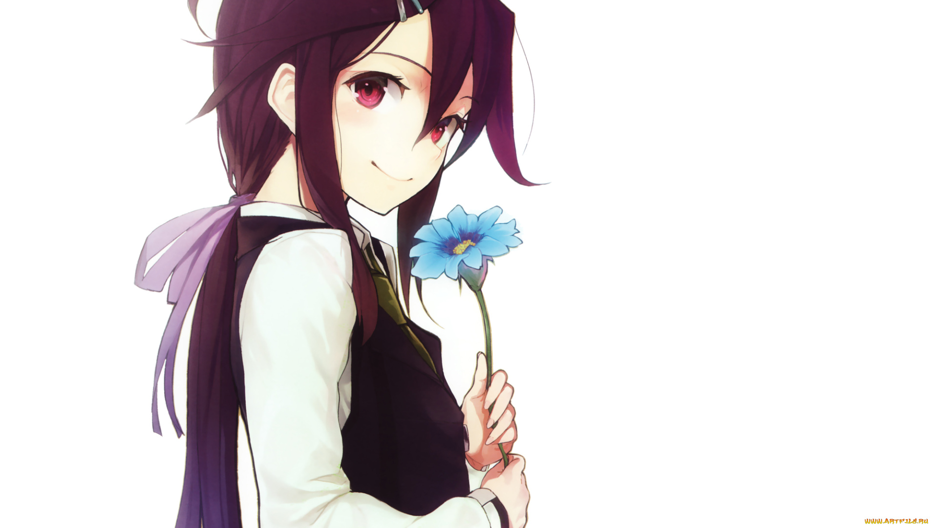 аниме, *unknown, другое, черные, волосы, цветок, девушка
