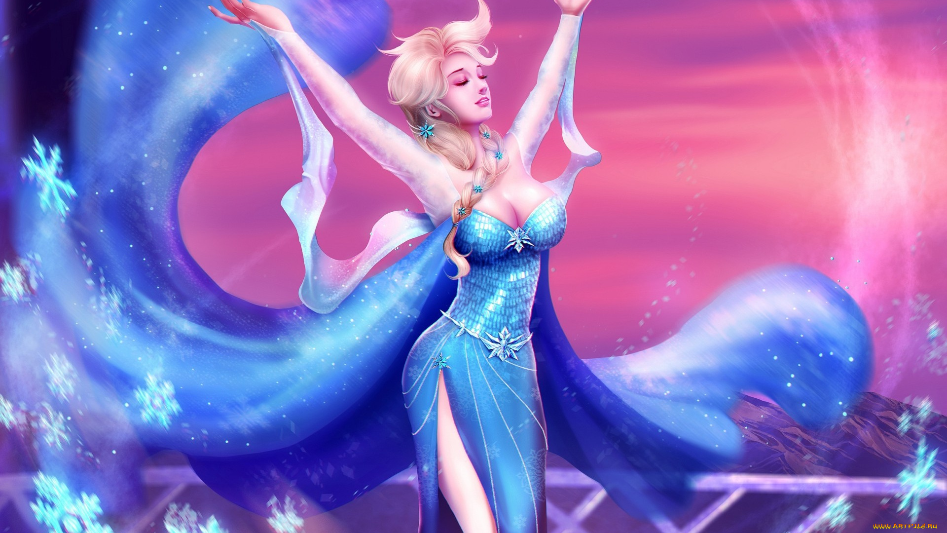 рисованное, кино, арт, frozen, девушка, грудь, elsa, снежинки, руки