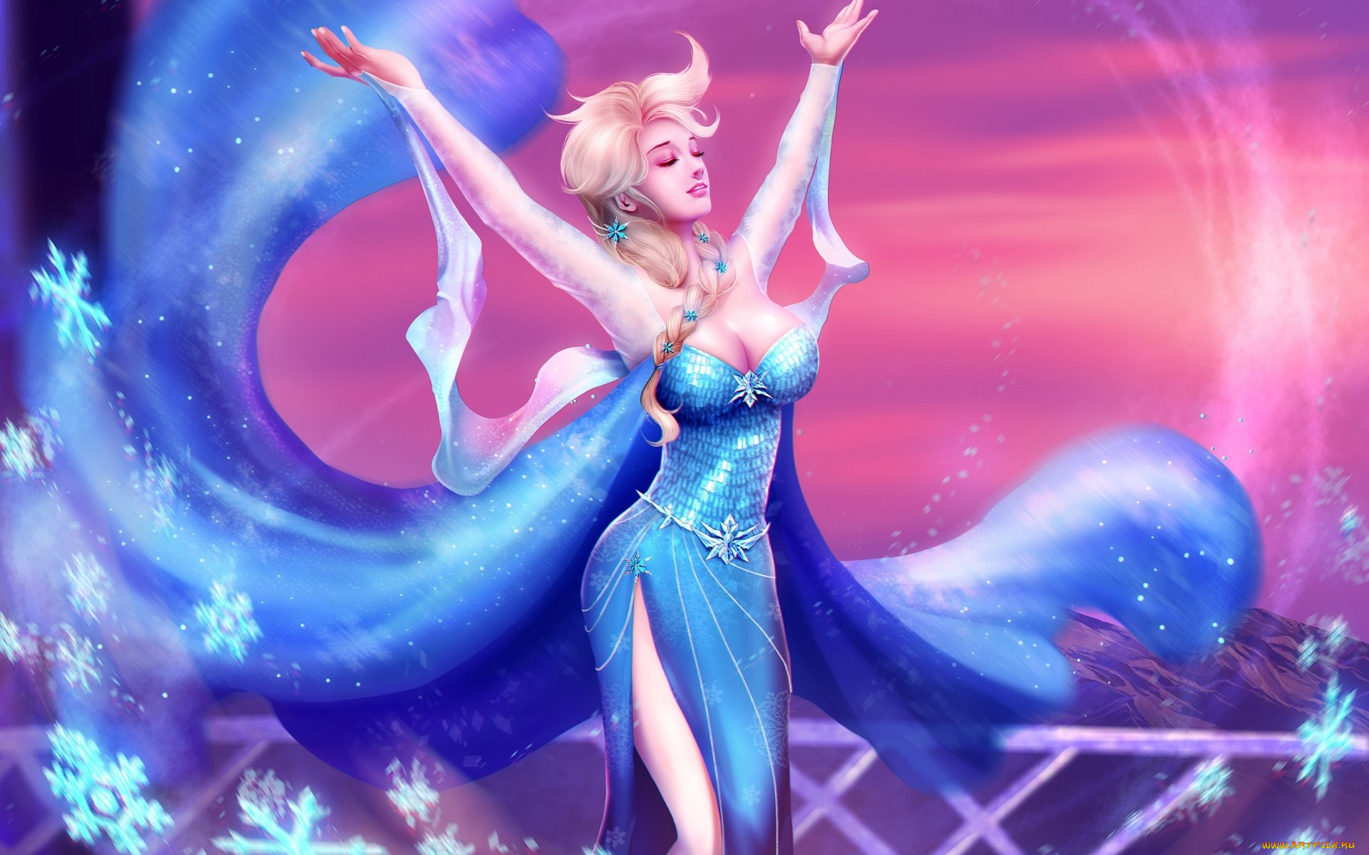 рисованное, кино, арт, frozen, девушка, грудь, elsa, снежинки, руки