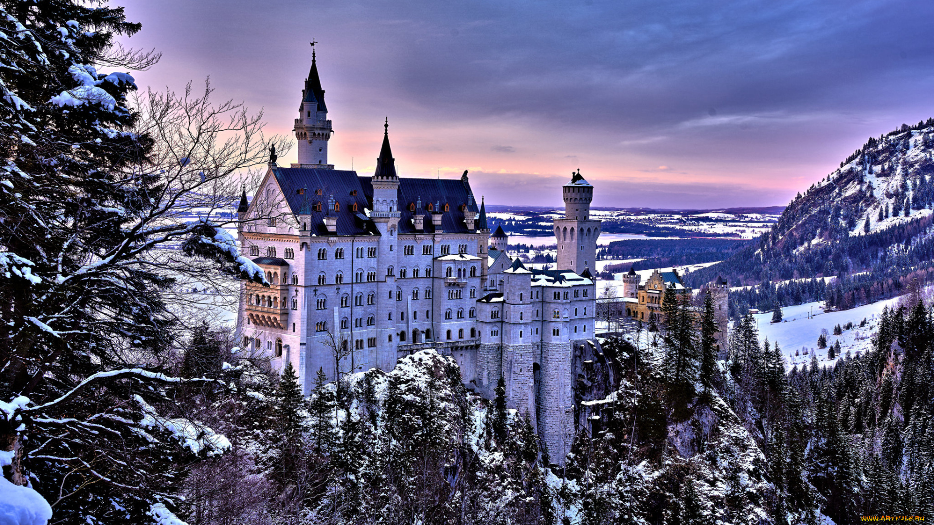neuschwanstein, castle, города, замок, нойшванштайн, , германия, замок, зима, лес