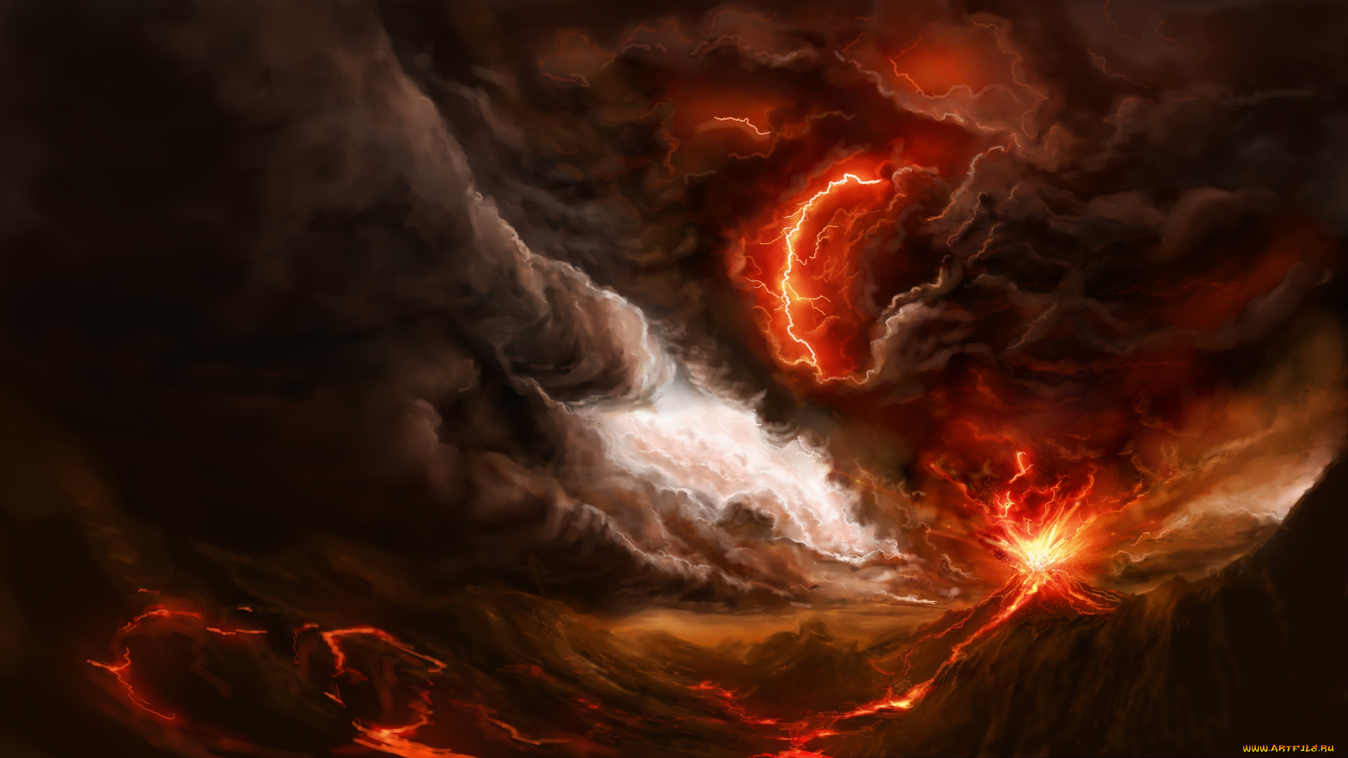 рисованное, природа, стихия, вулкан, лава, молния, тучи, огонь