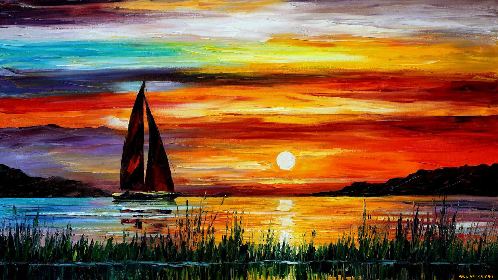 рисованное, живопись, солнце, тучи, закат, парус, лодка, небо, камыш, вода