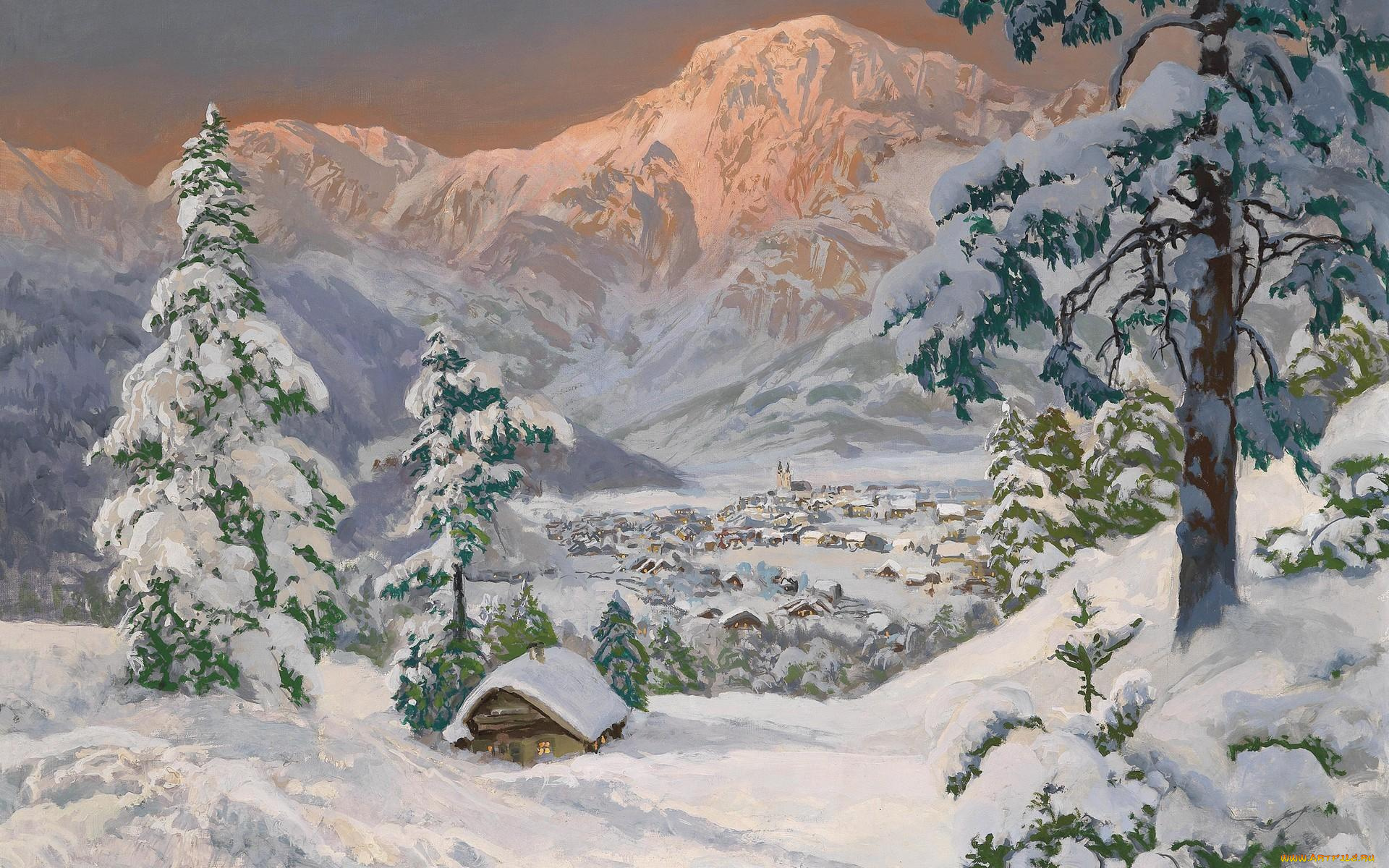 рисованное, живопись, снег, горы