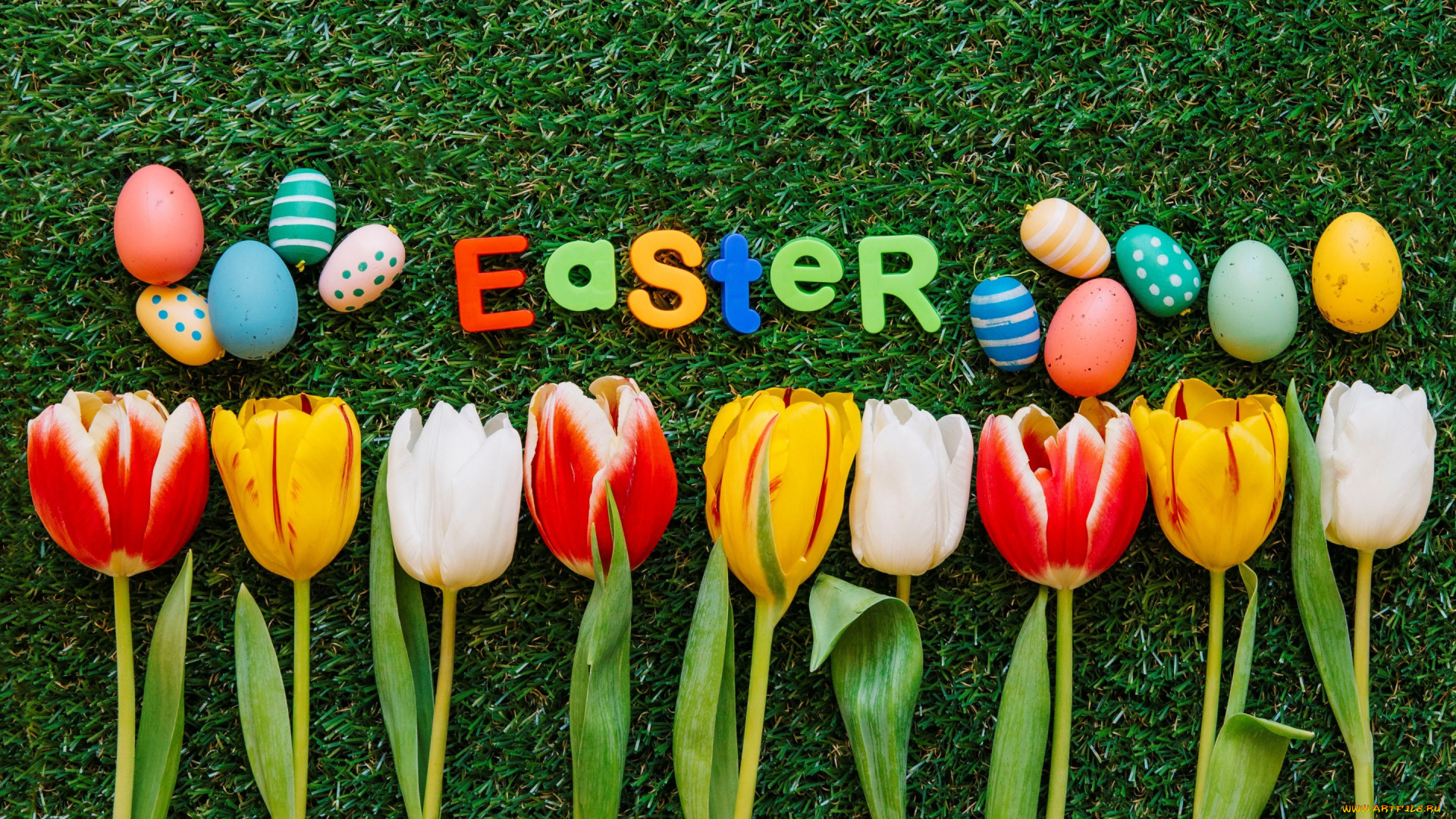 праздничные, пасха, тюльпаны, трава, весна, easter, colorful, decoration, green, grass, цветы, flowers, happy, eggs, яйца, крашеные, spring, tulips