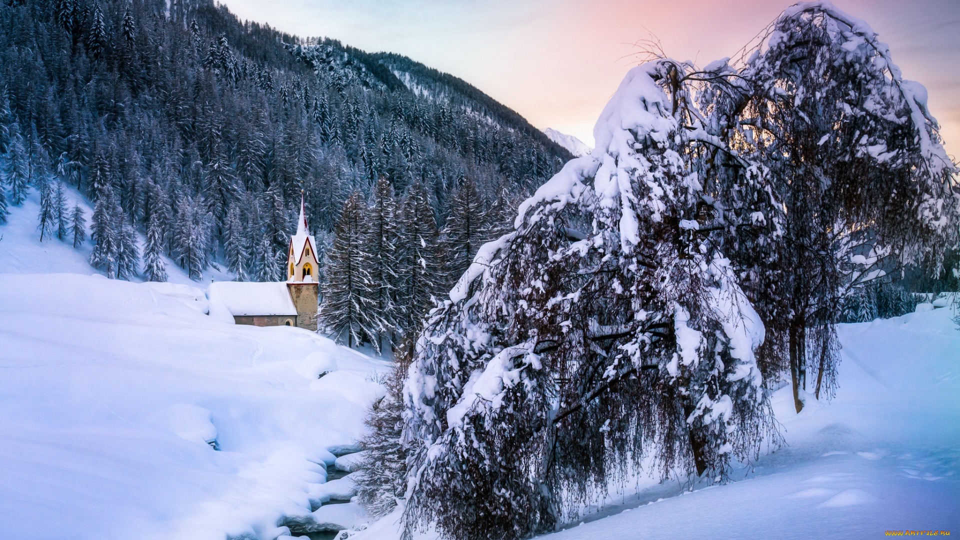 природа, зима, winter, nature, trees, снег, церковь, mountains, snow