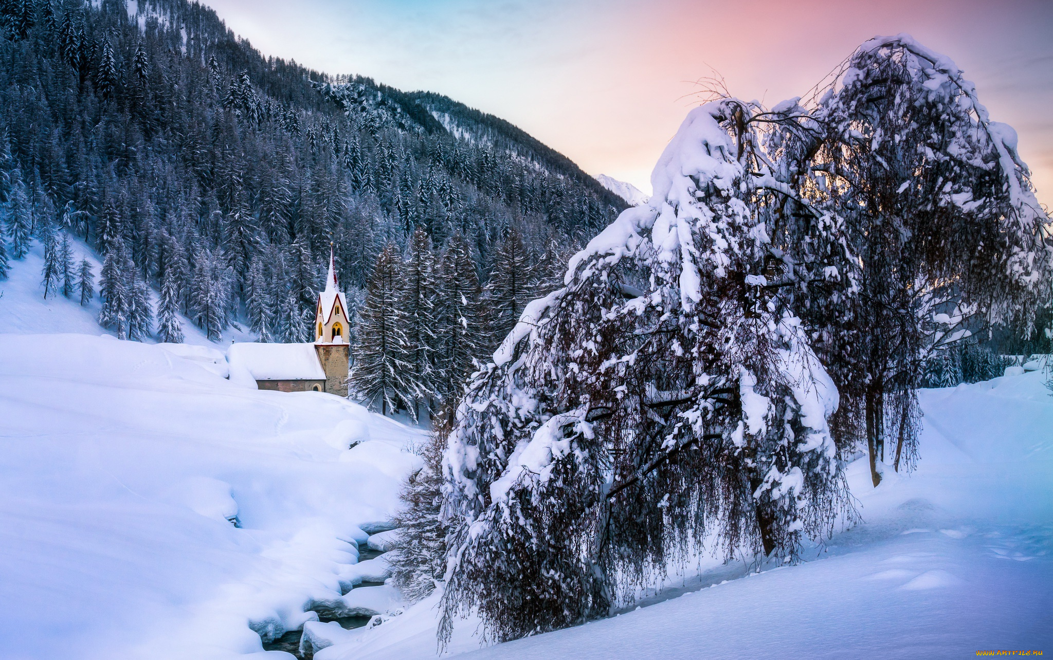 природа, зима, winter, nature, trees, снег, церковь, mountains, snow