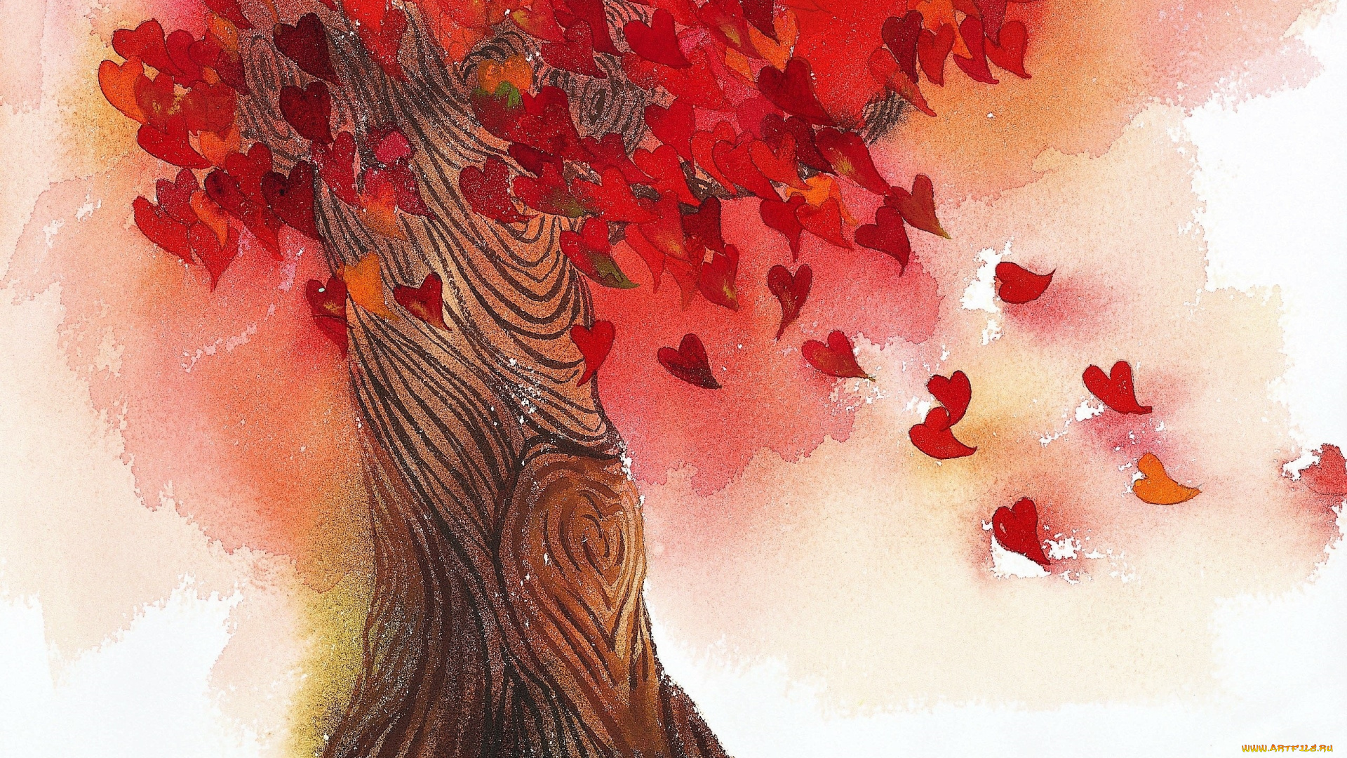 рисованное, природа, дерево, осень, листья, сердечки