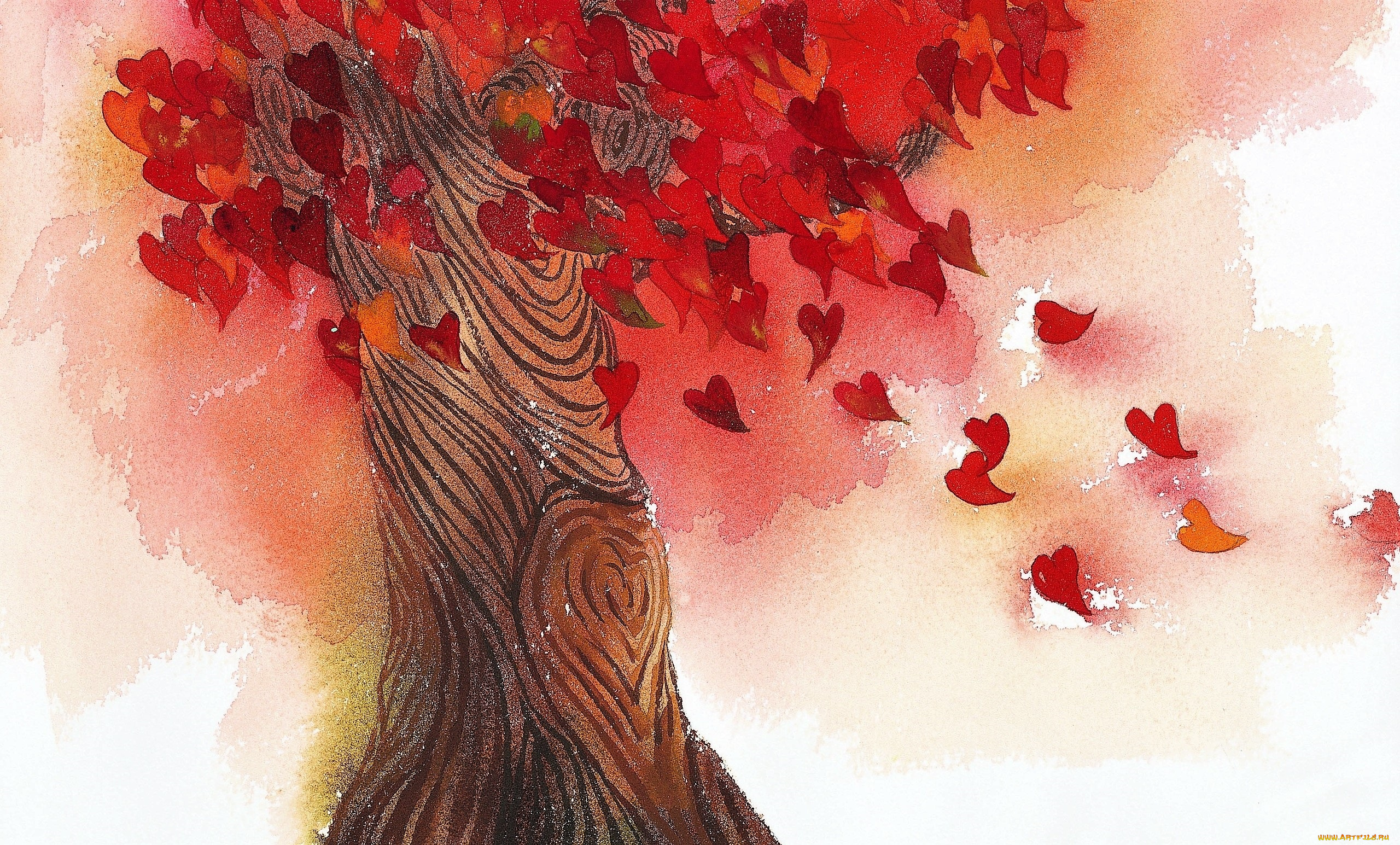 рисованное, природа, дерево, осень, листья, сердечки