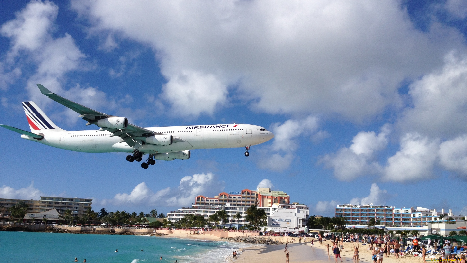 авиация, пассажирские, самолёты, сен-мартен, пляж, air, france, a340, посадка