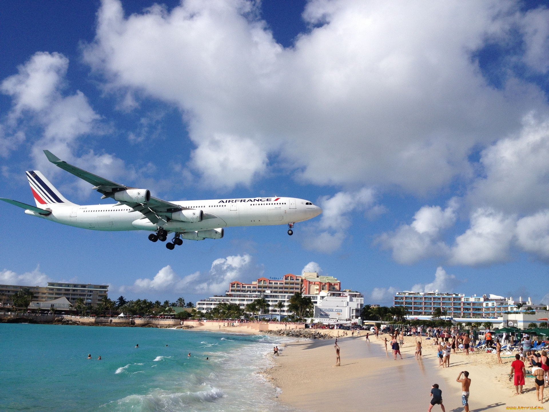 авиация, пассажирские, самолёты, сен-мартен, пляж, air, france, a340, посадка