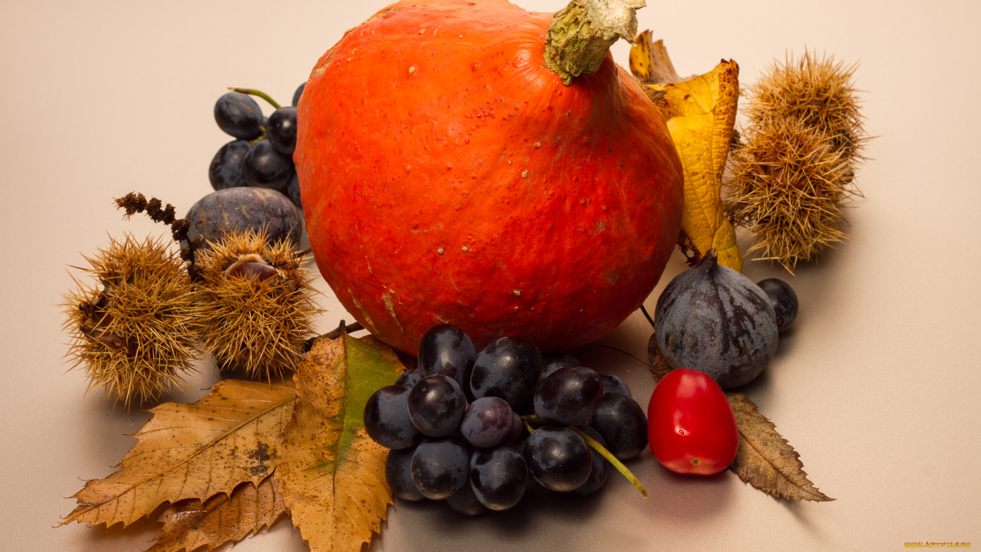 еда, фрукты, и, овощи, вместе, листья, осень, ягоды, фон, тыква