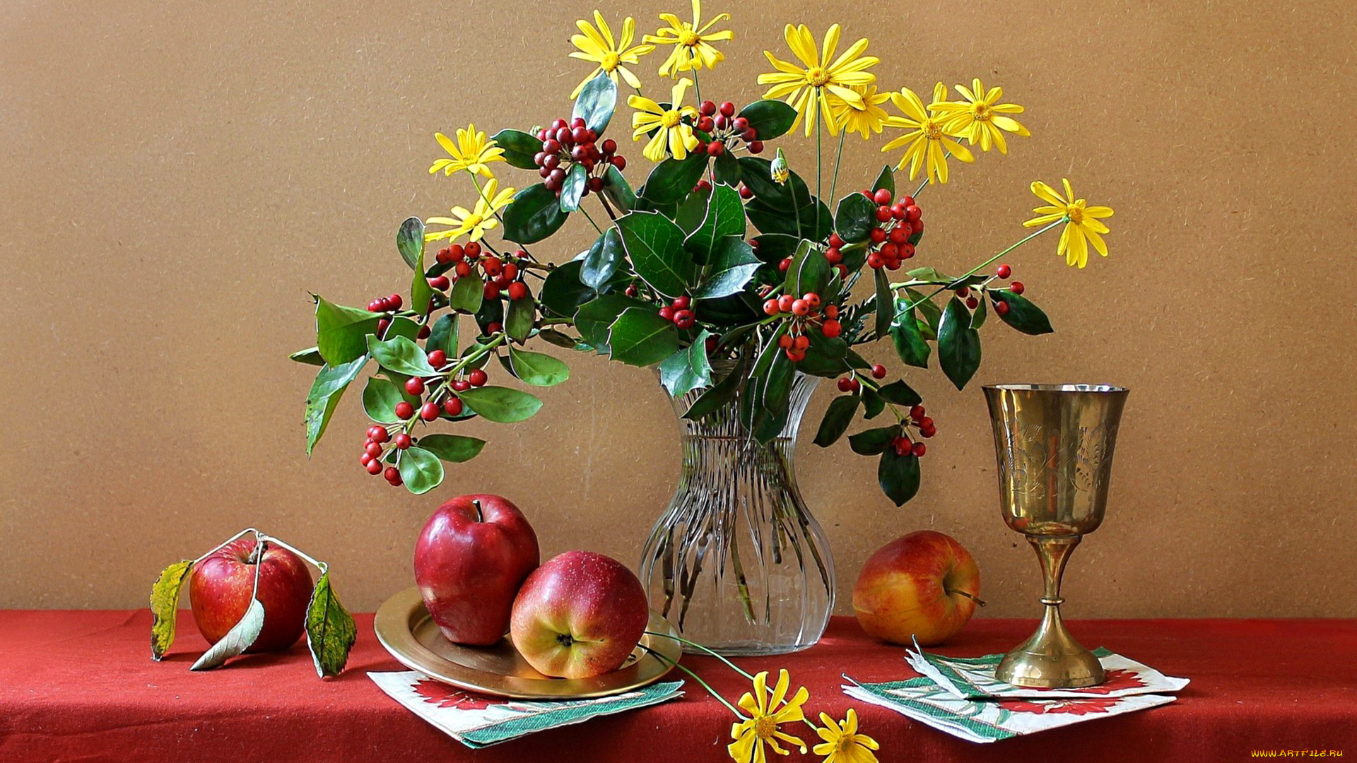 еда, натюрморт, ваза, цветы, кубок, яблоки, фрукты