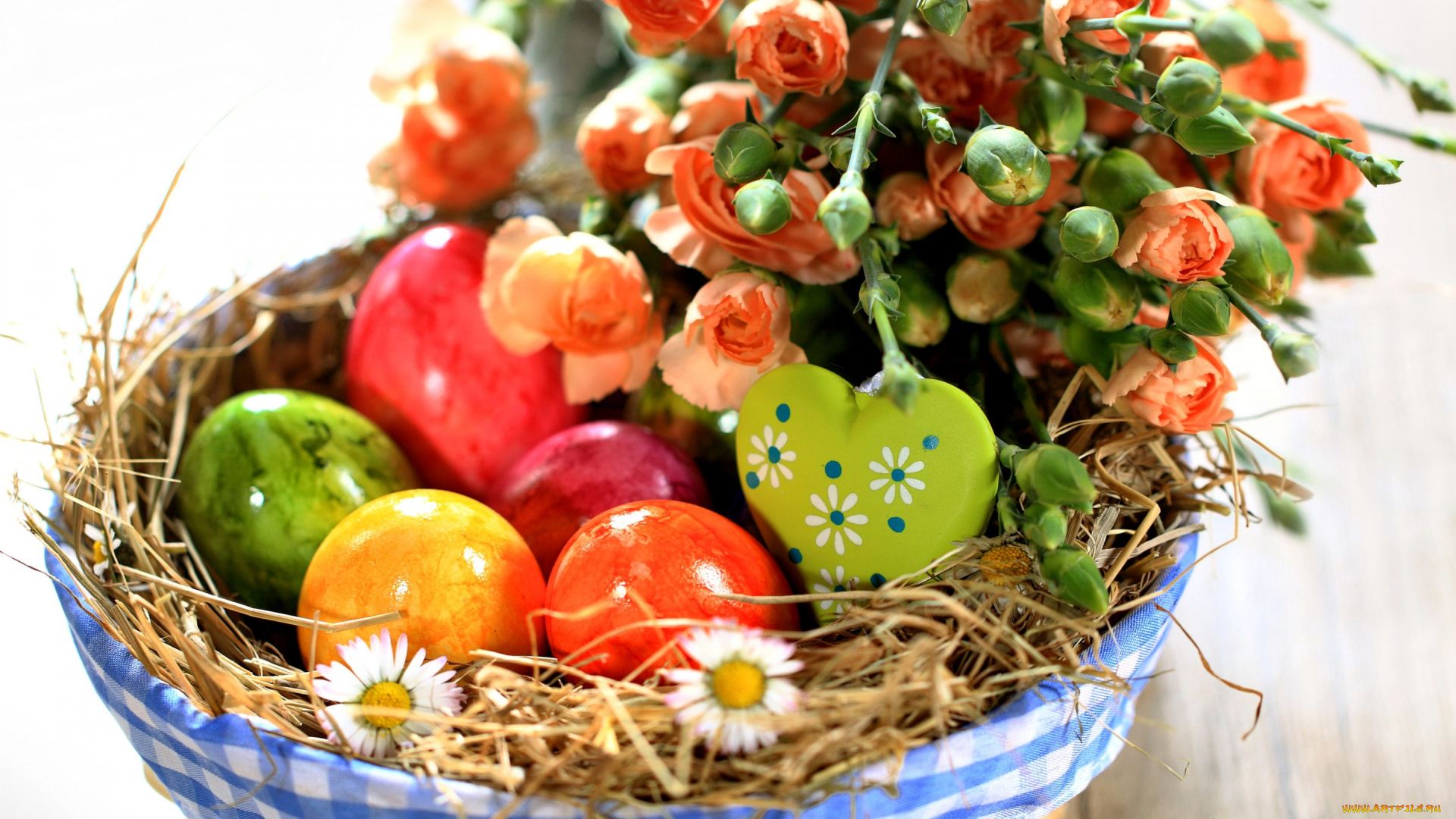 праздничные, пасха, spring, holiday, разноцветные, flowers, easter, весна, яйца, розы, цветы