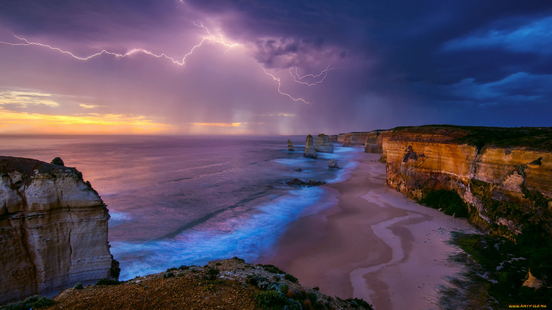 природа, молния, , гроза, австралия, море, берег, скалы, небо, шторм, гроза