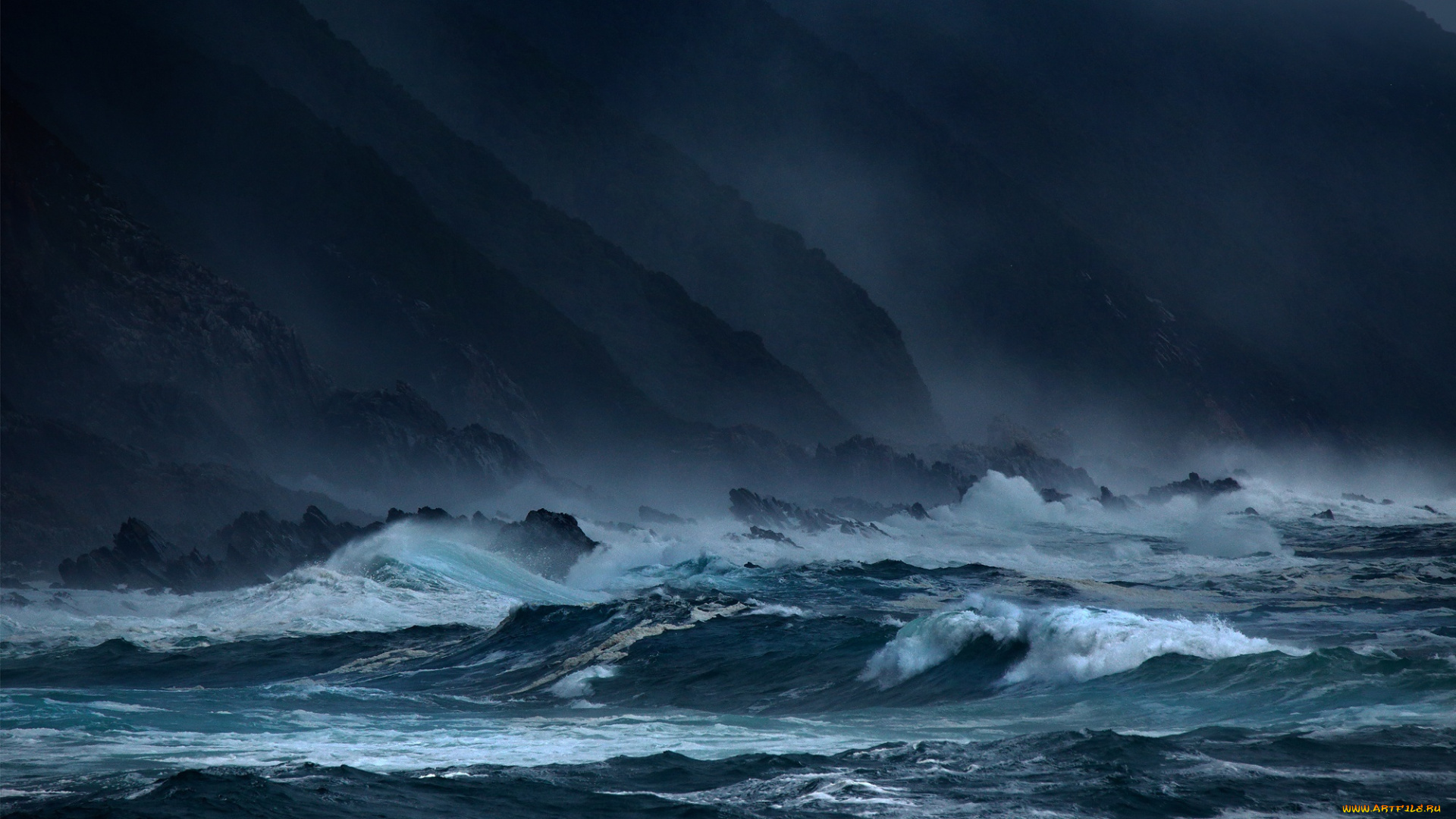 природа, побережье, море, волны, шторм, скалы, storm, rocks, dark, blue, twilight, sky, evening, сумерки, вечер, темное, небо