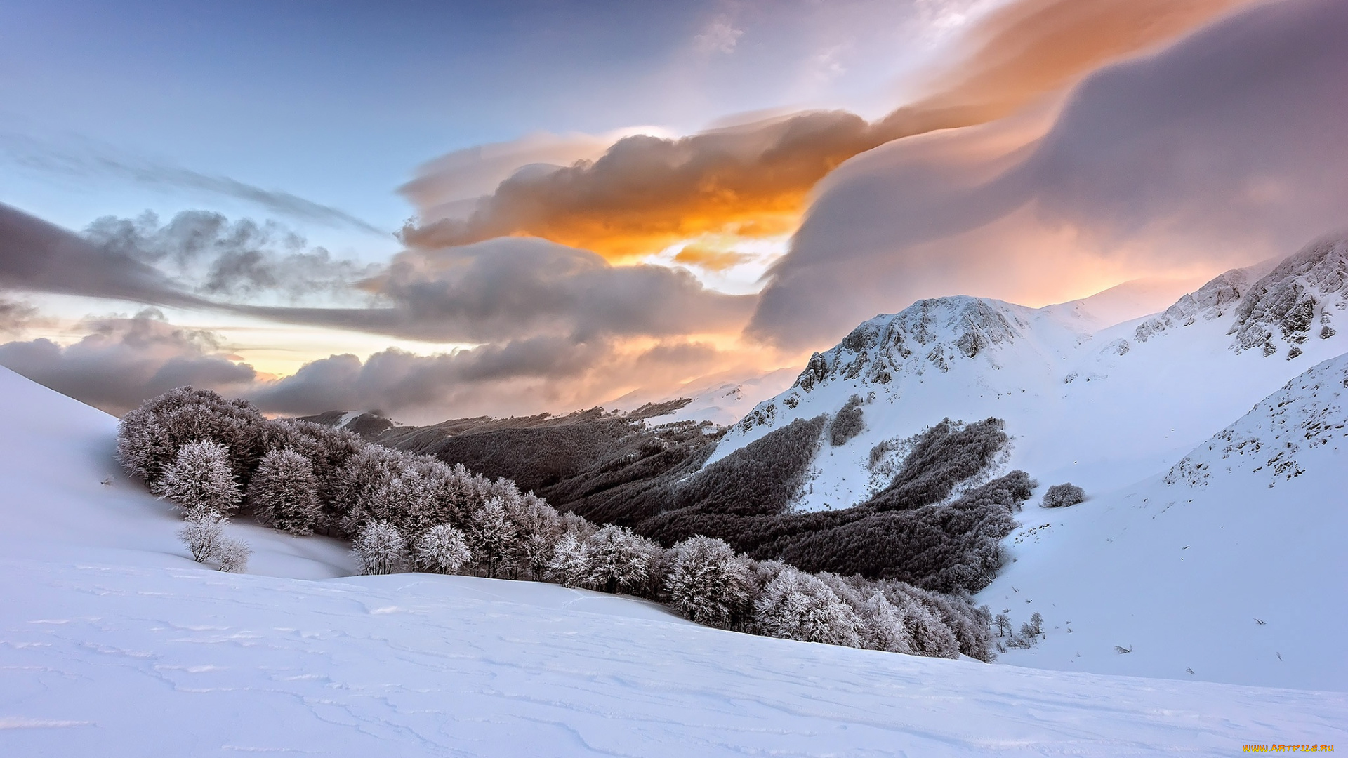 природа, зима, италия, апеннинские, горы, снег, небо, облака