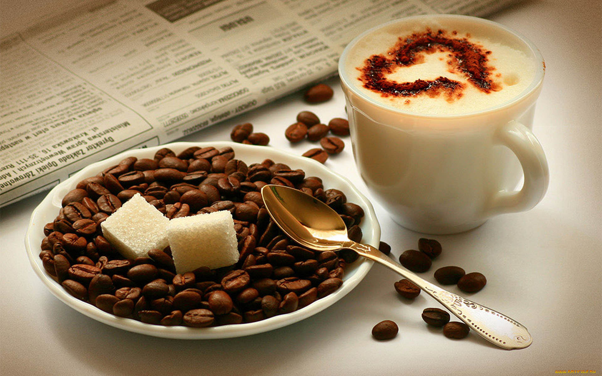еда, кофе, , кофейные, зёрна, сердечко, блюдце, зерна, куски, сахар, газета, ложка, чашка