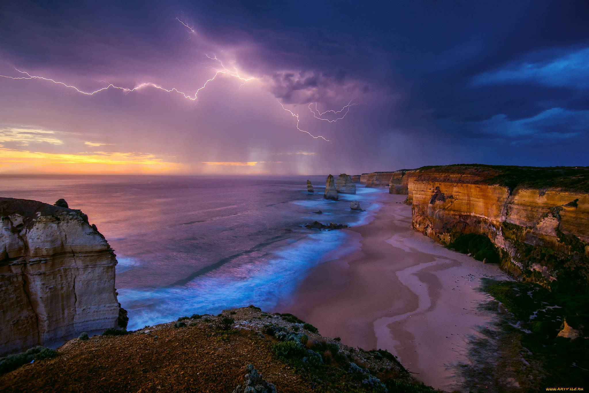 природа, молния, , гроза, австралия, море, берег, скалы, небо, шторм, гроза