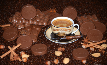 Картинка еда разное кофейные зерна кофе корица бадьян шоколад орехи