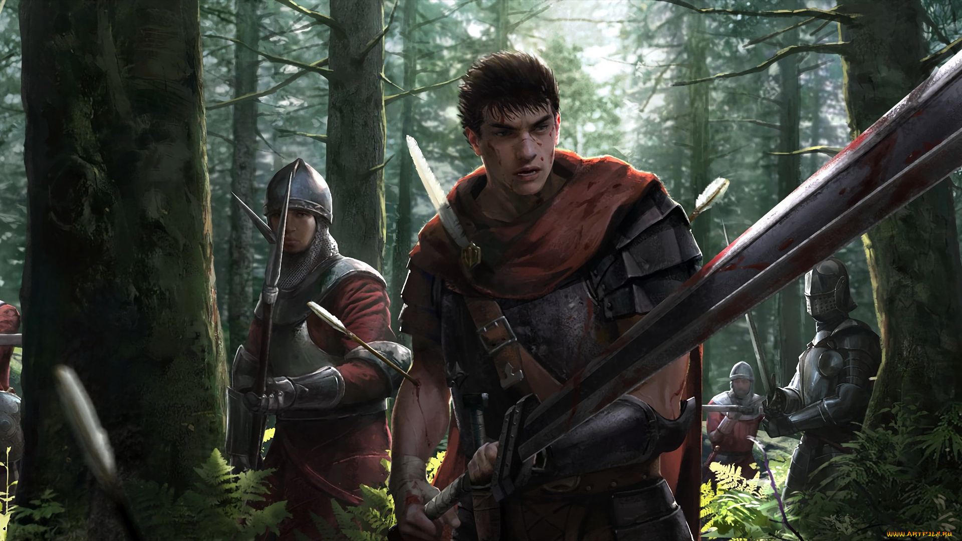 аниме, berserk, sword, blood, game, forest, armor, anime, man, army, ken, blade, manga, helmet, powerful, strong, guts