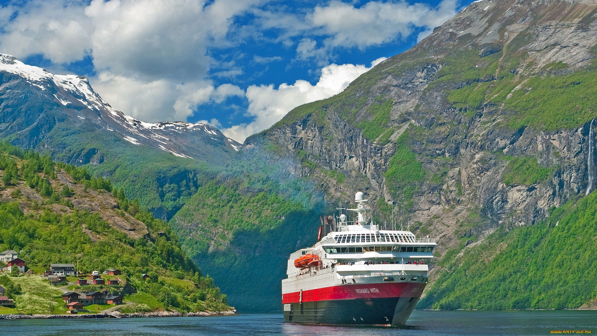 корабли, лайнеры, корабль, фьорд, горы, норвегия, природа