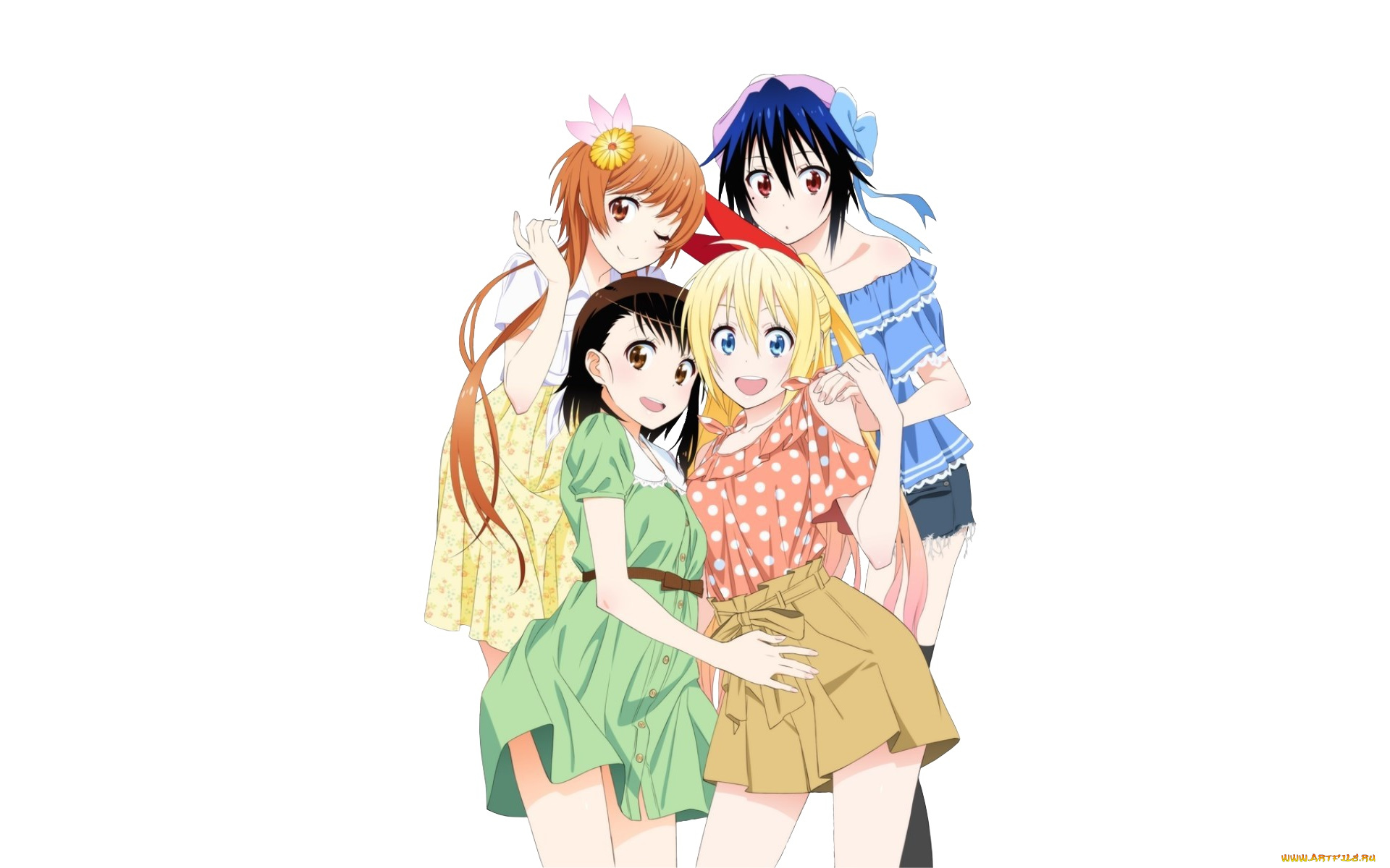 аниме, nisekoi, взгляд, девушки, фон