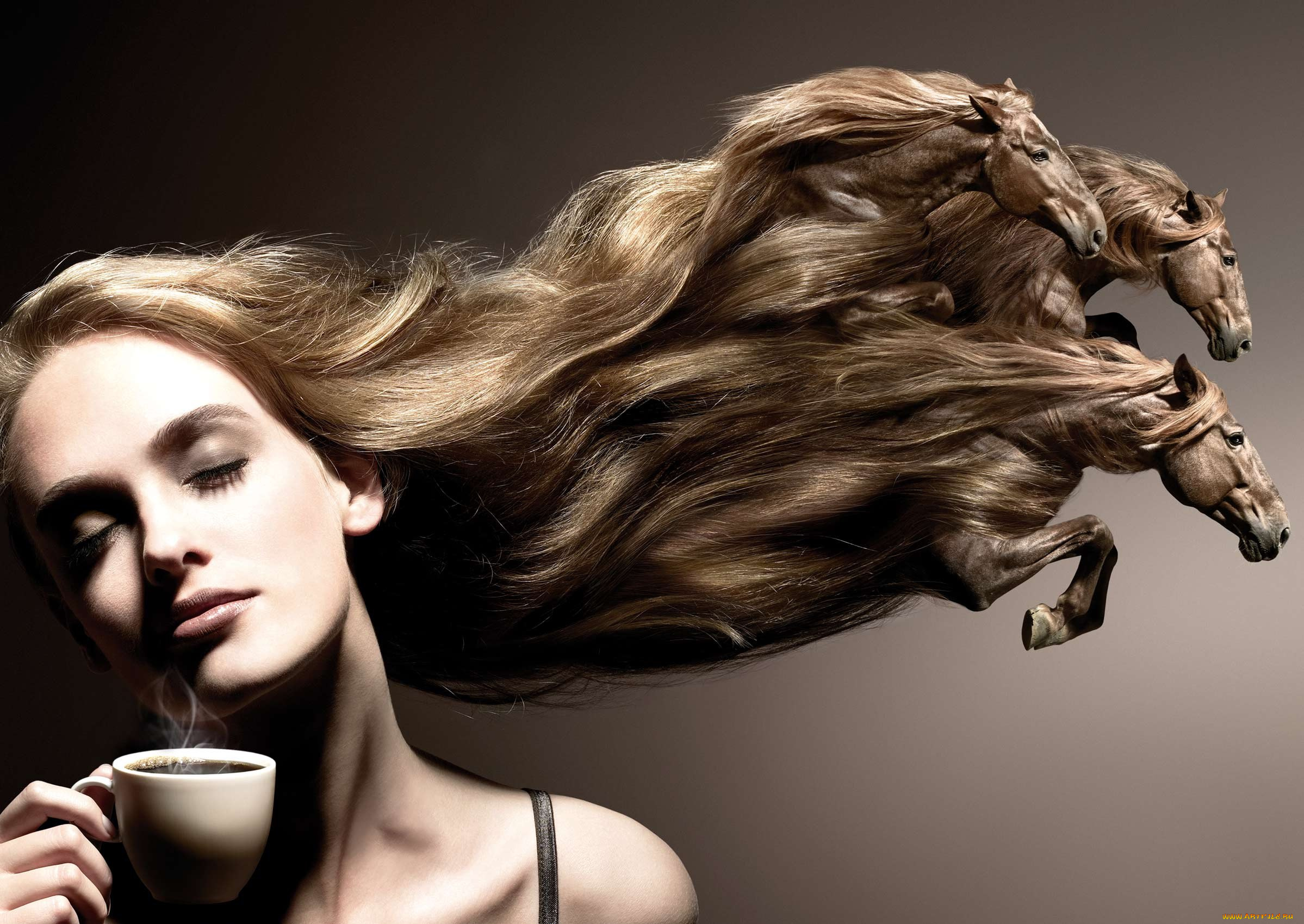 девушки, -unsort, , креатив, лошади, волосы, лицо, чашка, кофе
