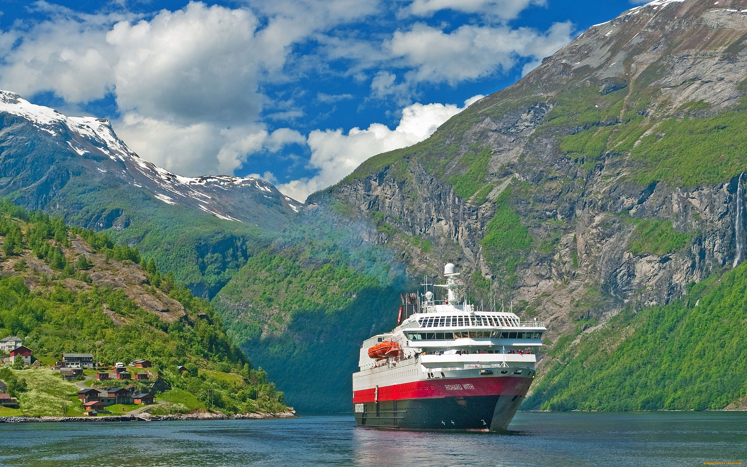 корабли, лайнеры, корабль, фьорд, горы, норвегия, природа