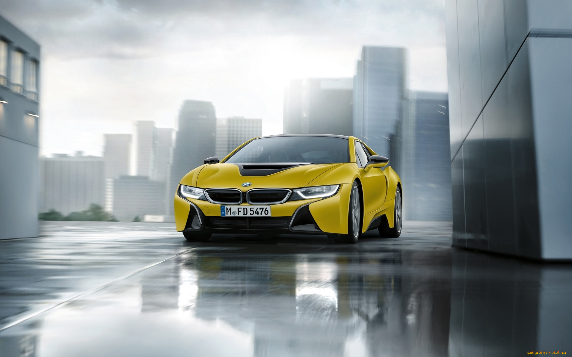 автомобили, bmw, бмв, i8, желтый, город, здания