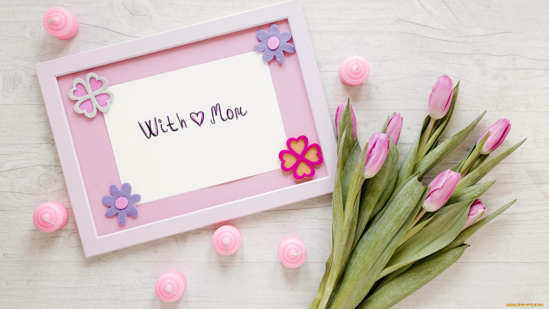 праздничные, день, матери, рамка, надпись, тюльпаны, бутоны