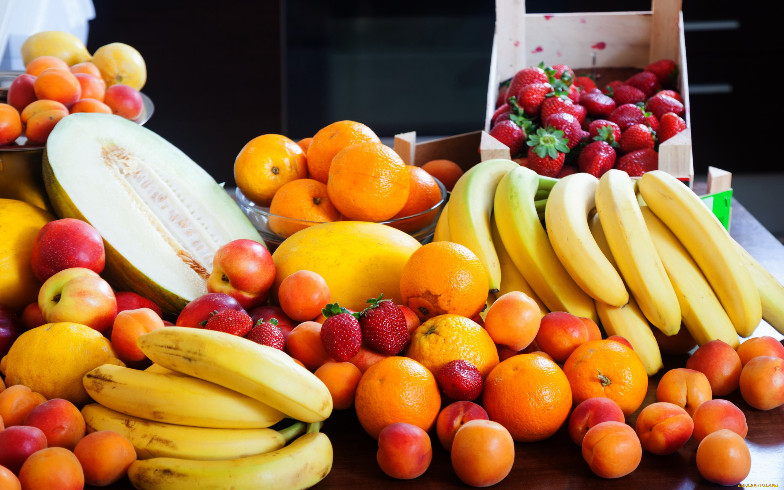 еда, фрукты, , ягоды, клубника, мандарины, бананы, дыня