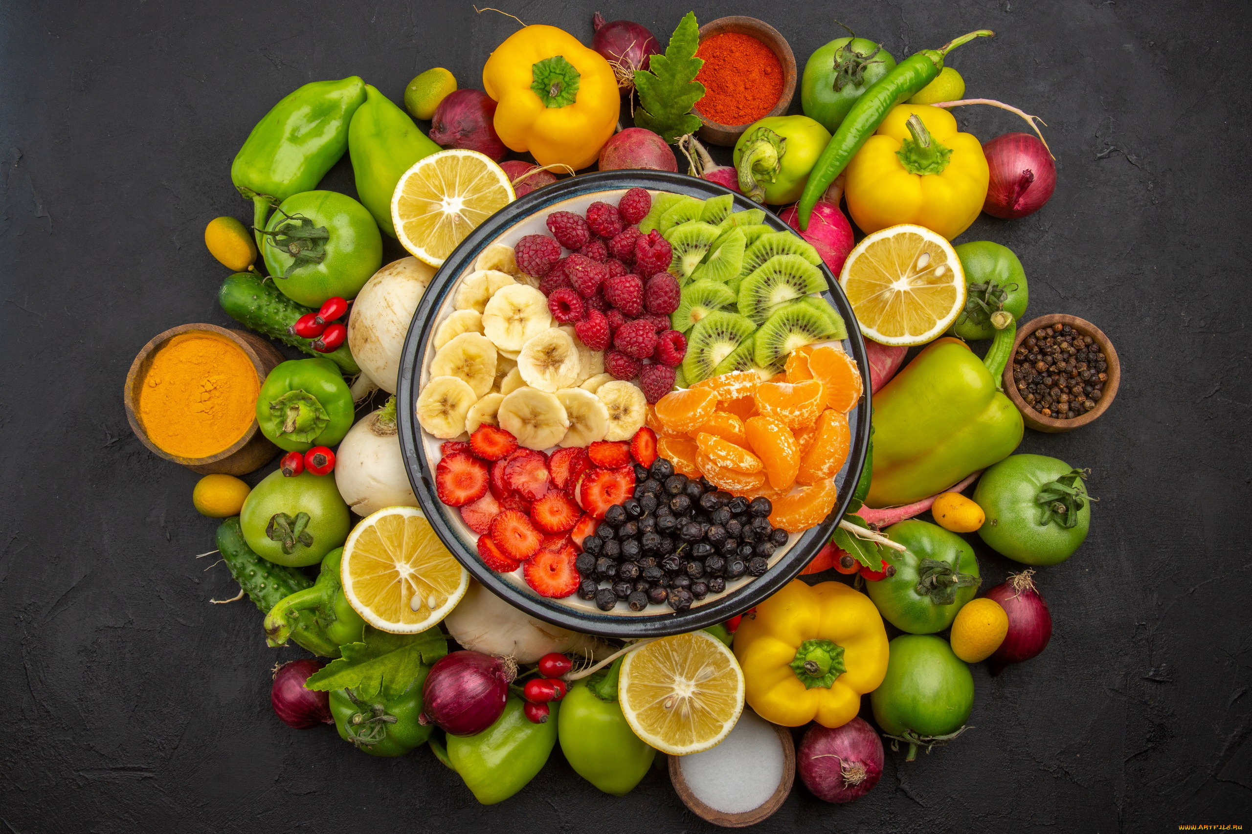 еда, фрукты, и, овощи, вместе, перец, лук, редис, киви, банан, малина, клубника
