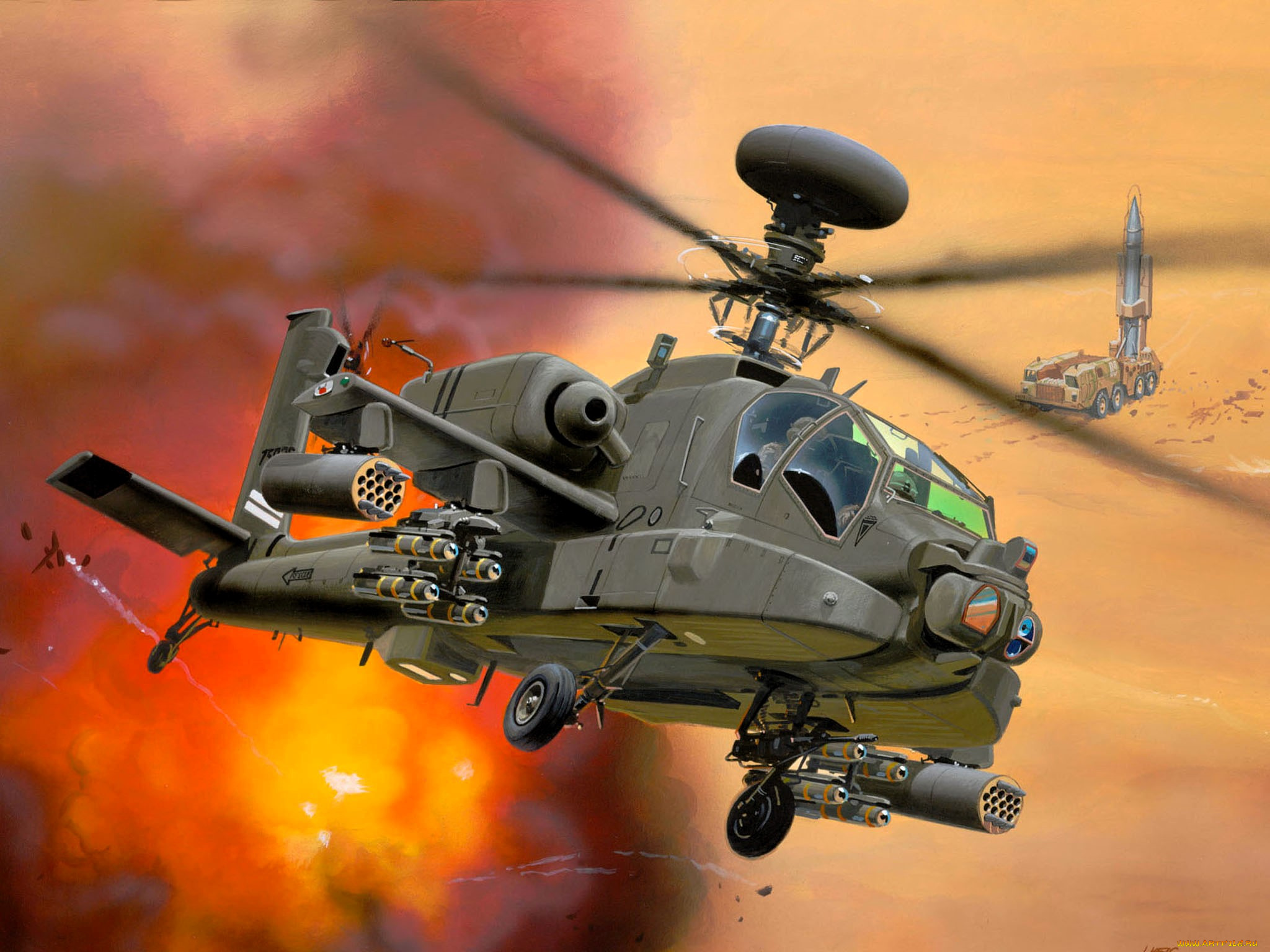 авиация, 3д, рисованые, v-graphic, вертолет, полет, огонь, апач