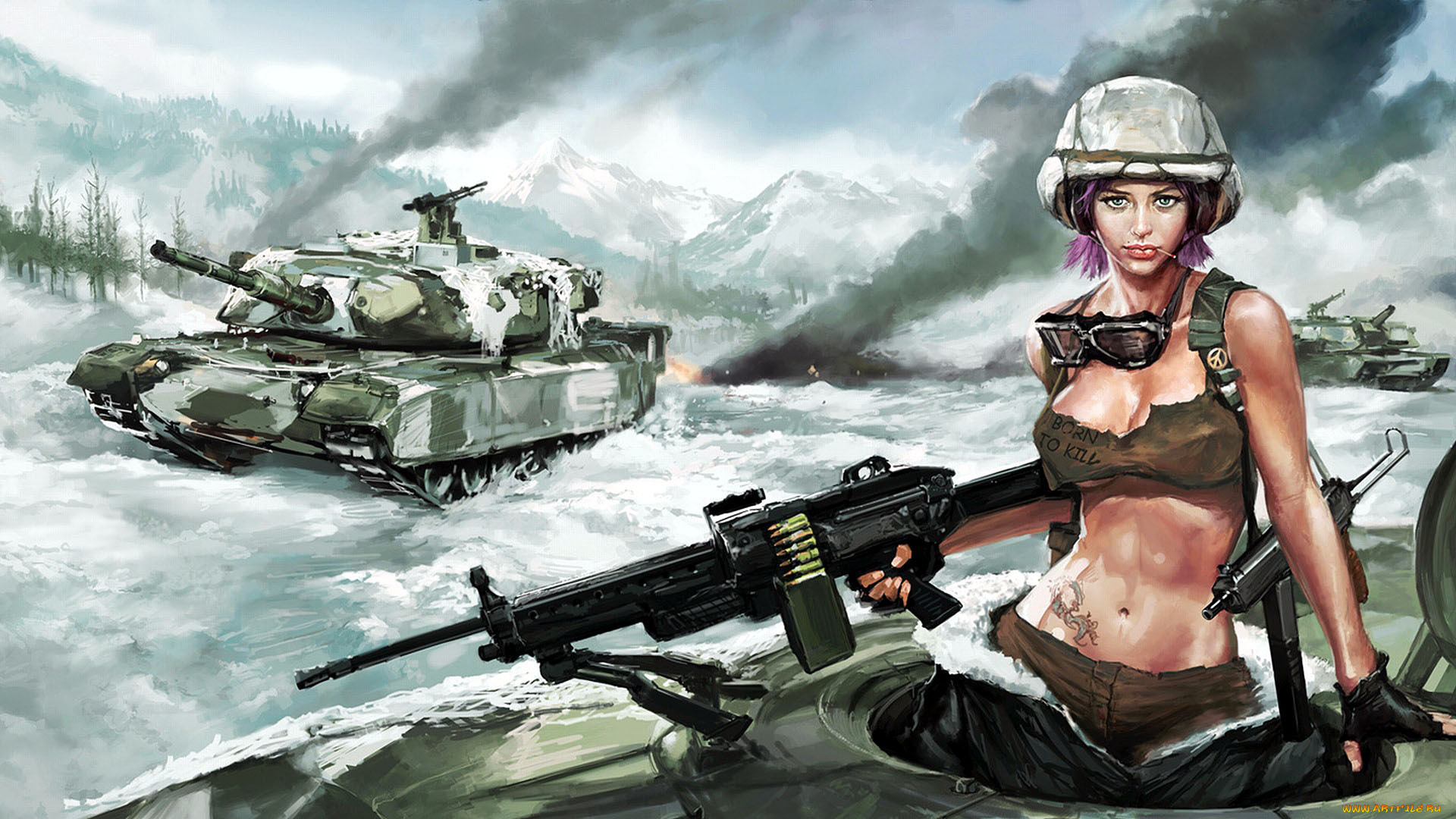 рисованные, армия, оружие, война, танк, зима, девушка