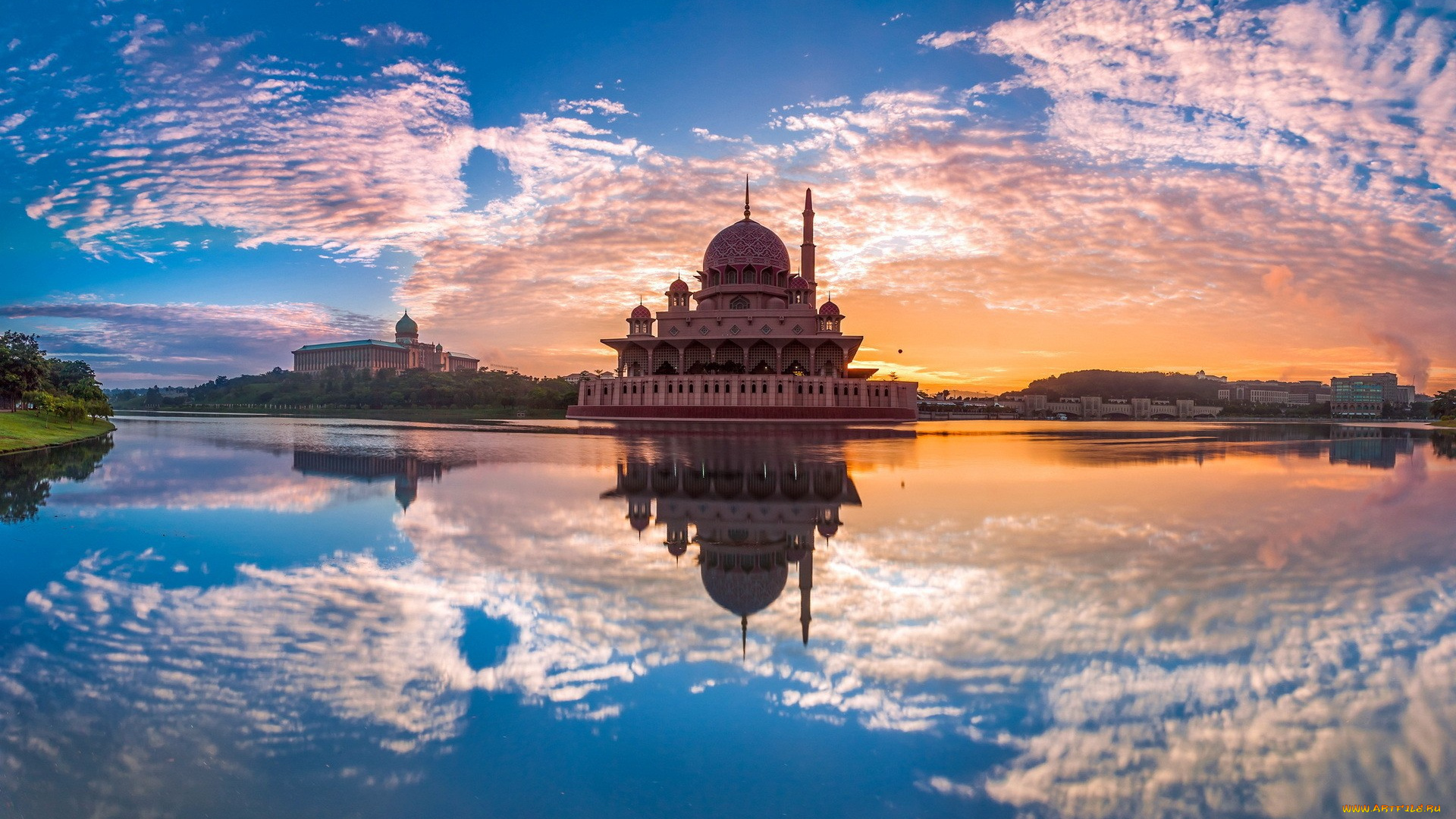 малайзия, putra, mosque, города, мечети, медресе, мечеть, отражение, облака