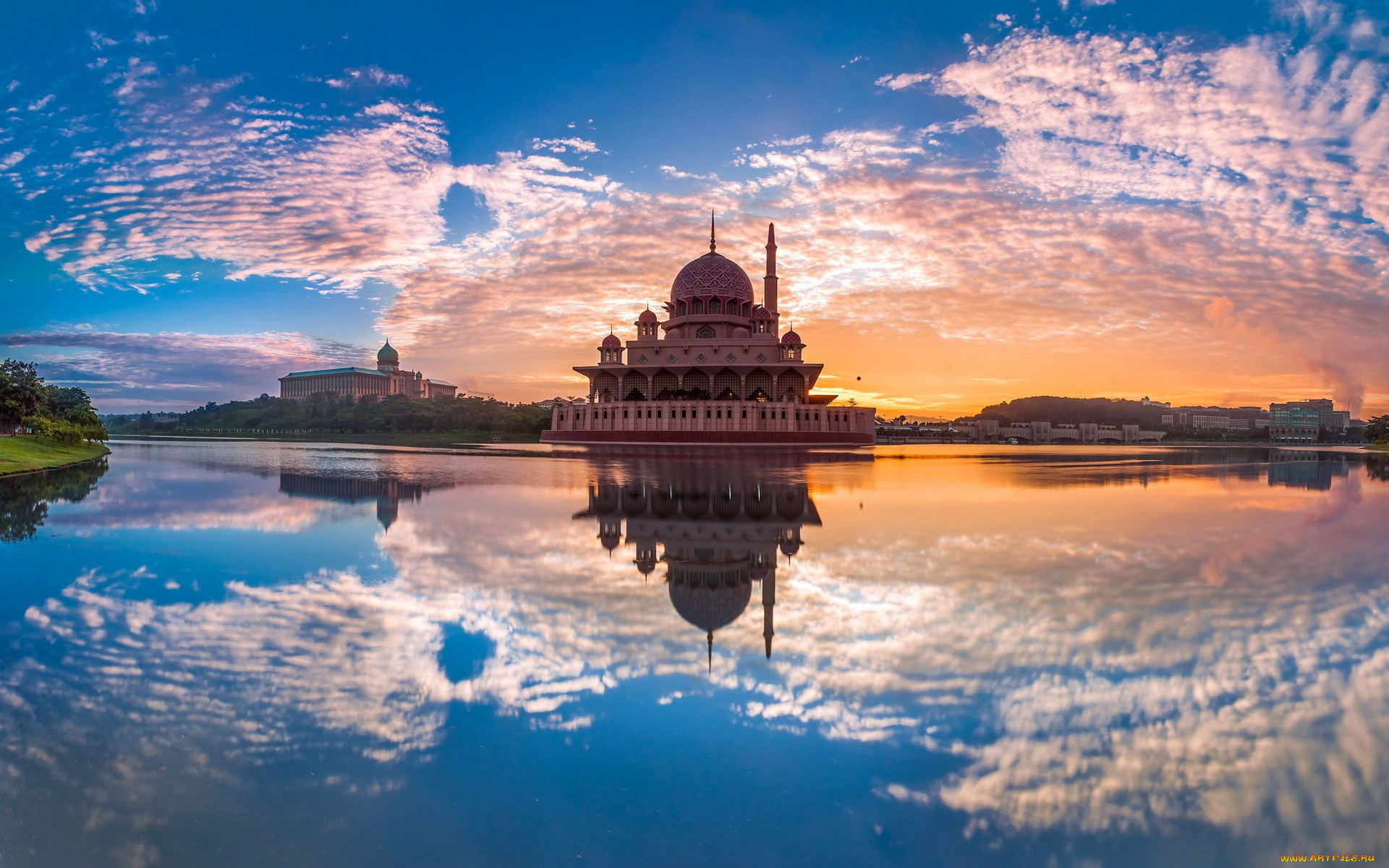 малайзия, putra, mosque, города, мечети, медресе, мечеть, отражение, облака