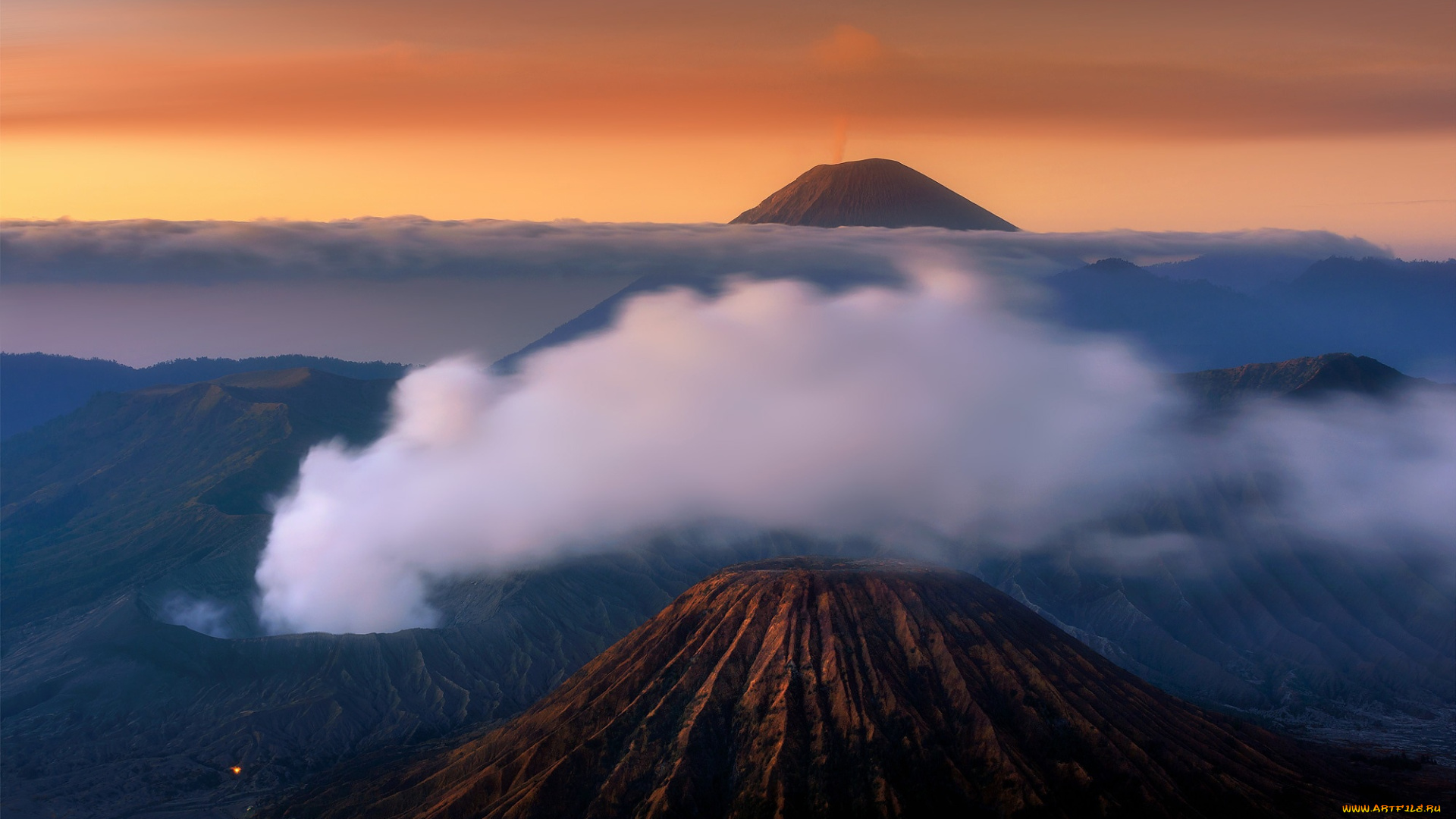природа, пейзажи, индонезия, tengger, вулканический, комплекс-кальдеры, тенгер, Ява, закат, небо, облака, туман, действующий, вулкан, бромо