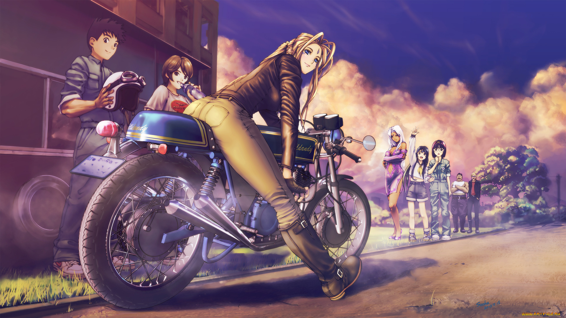 аниме, aa, megami-sama, улица, персонажи, мотоцикл, поза, девушки, art, socha, morisato, megumi, skuld, keiichi, взгляд, улыбка, urd, парни, belldandy