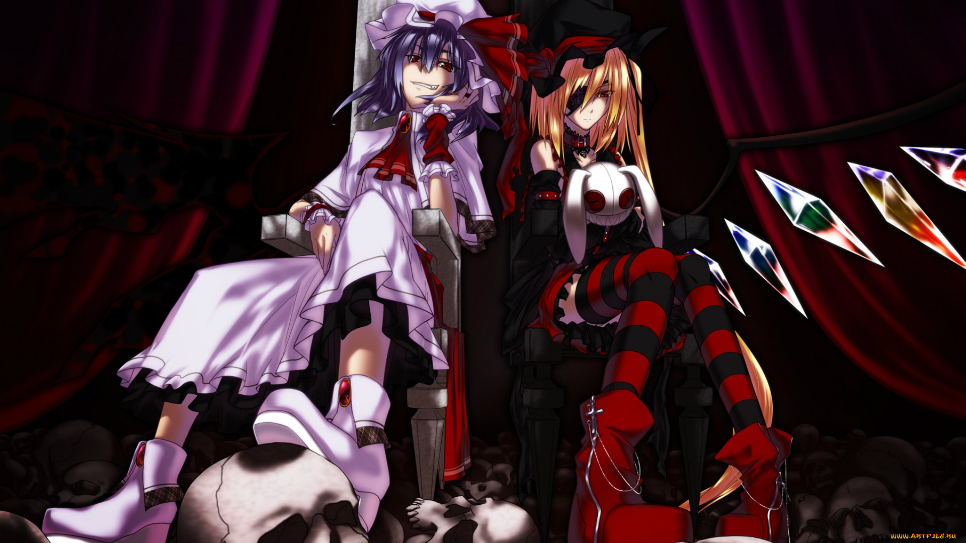 аниме, touhou, проект, восток, трон, красные, глаза, повязка, на, глаз, remilia, scarlet, черепа, адская, ухмылка, полосатые, чулки, flandre, вампирши, project, черные, крылья