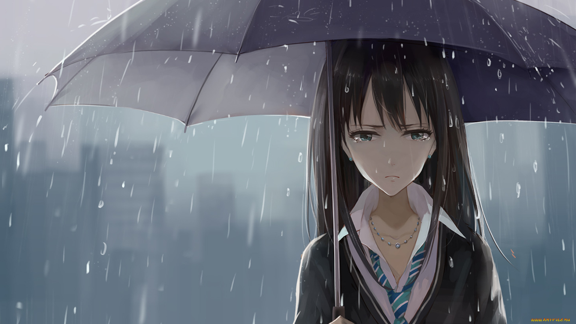 аниме, unknown, , другое, галстук, девушка, дождь, слезы, зонт