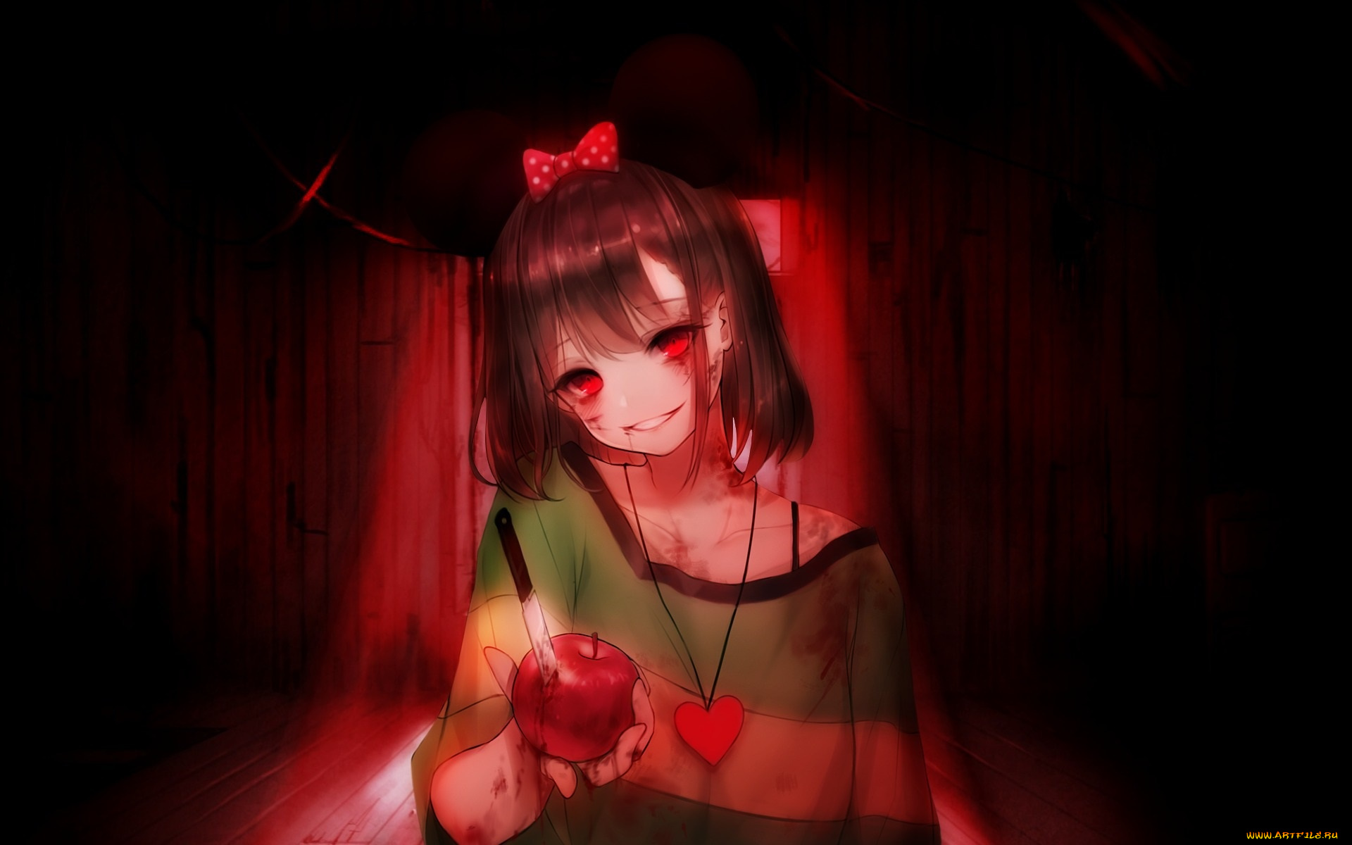 аниме, unknown, , другое, пятна, кровь, undertale, красные, глаза, game, адская, ухмылка, подвал, chara, безумие, нож