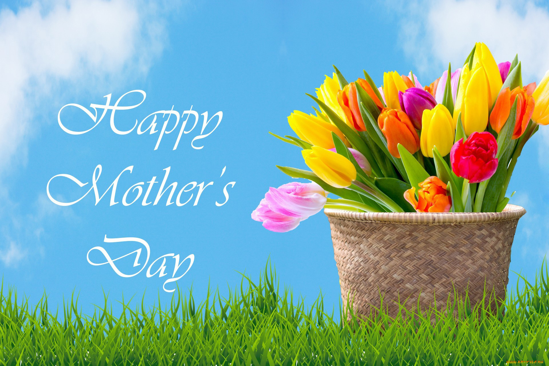 праздничные, день, матери, тюльпаны, пожелание, корзинка, надпись