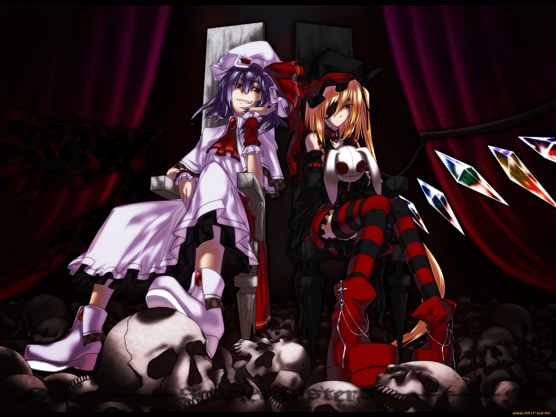 аниме, touhou, проект, восток, трон, красные, глаза, повязка, на, глаз, remilia, scarlet, черепа, адская, ухмылка, полосатые, чулки, flandre, вампирши, project, черные, крылья