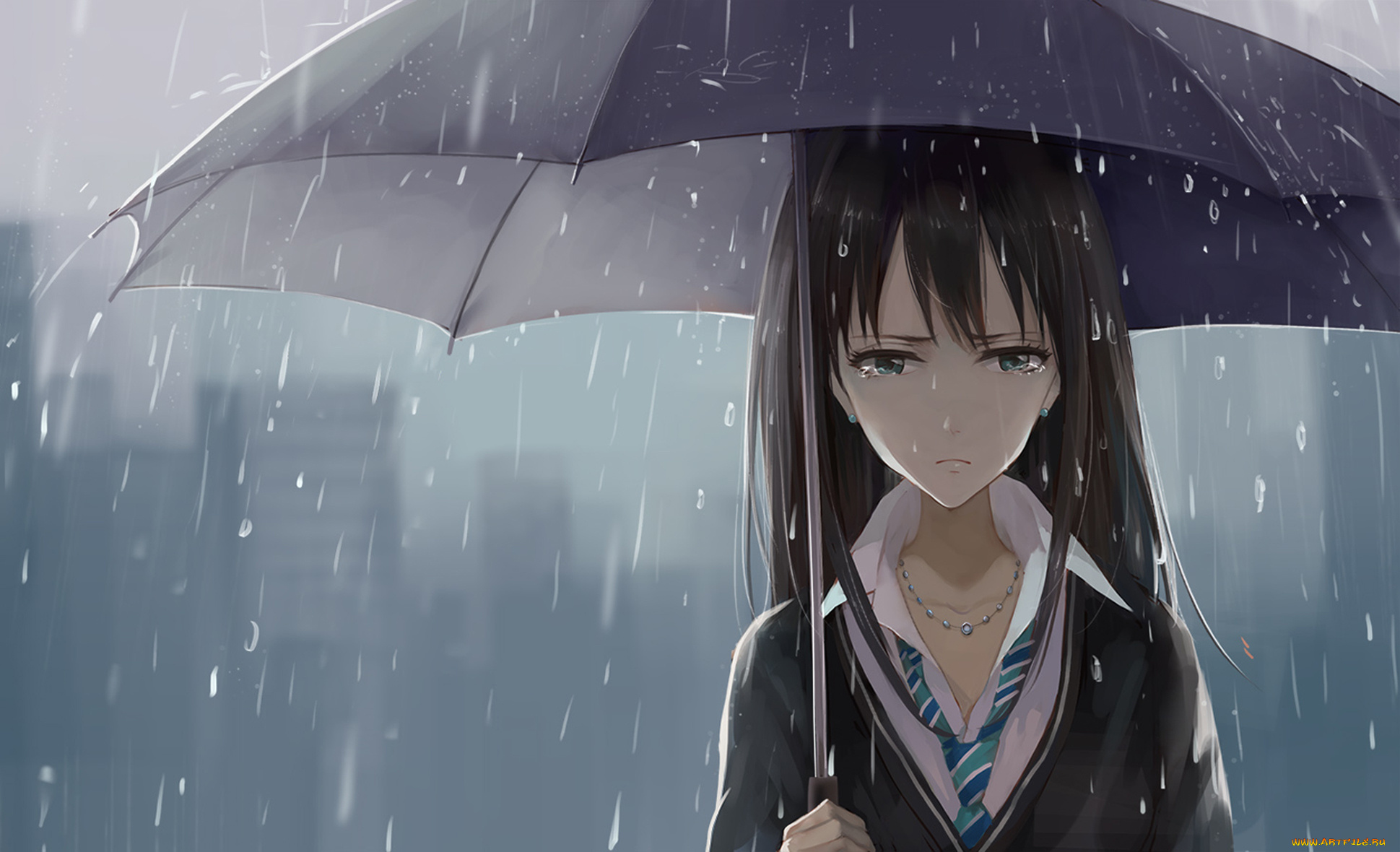 аниме, unknown, , другое, галстук, девушка, дождь, слезы, зонт