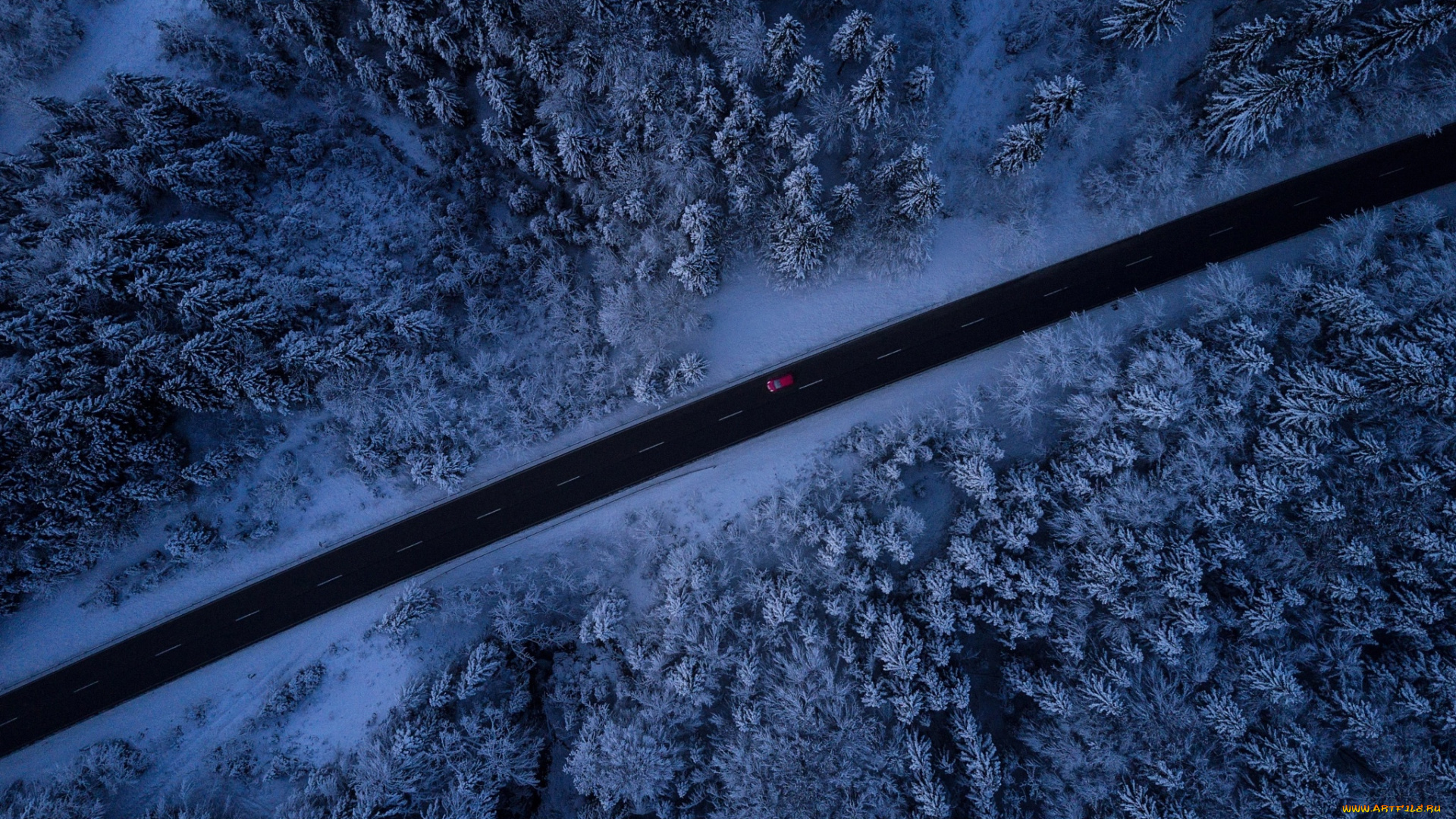 природа, дороги, лес, деревья, дорога, зима, машина, снег, вид, сверху
