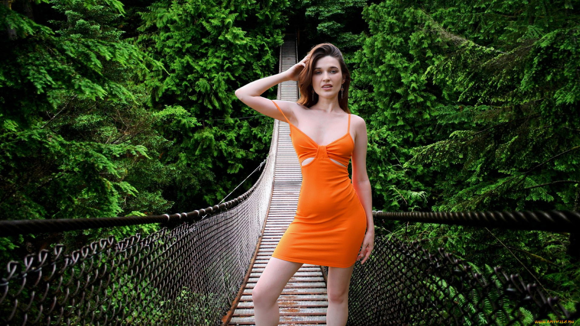 девушки, serena, wood, подвесной, мост, оранжевое, платье