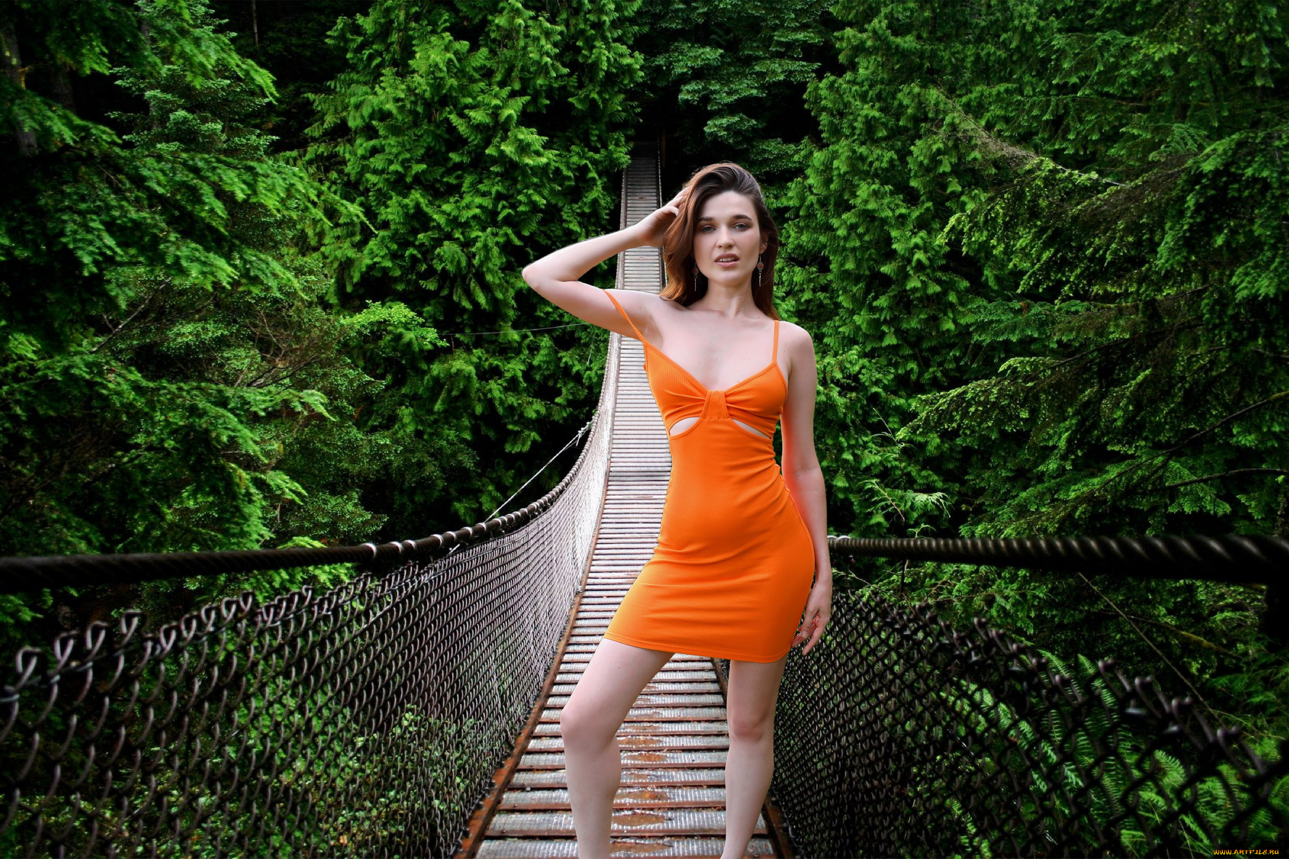 девушки, serena, wood, подвесной, мост, оранжевое, платье