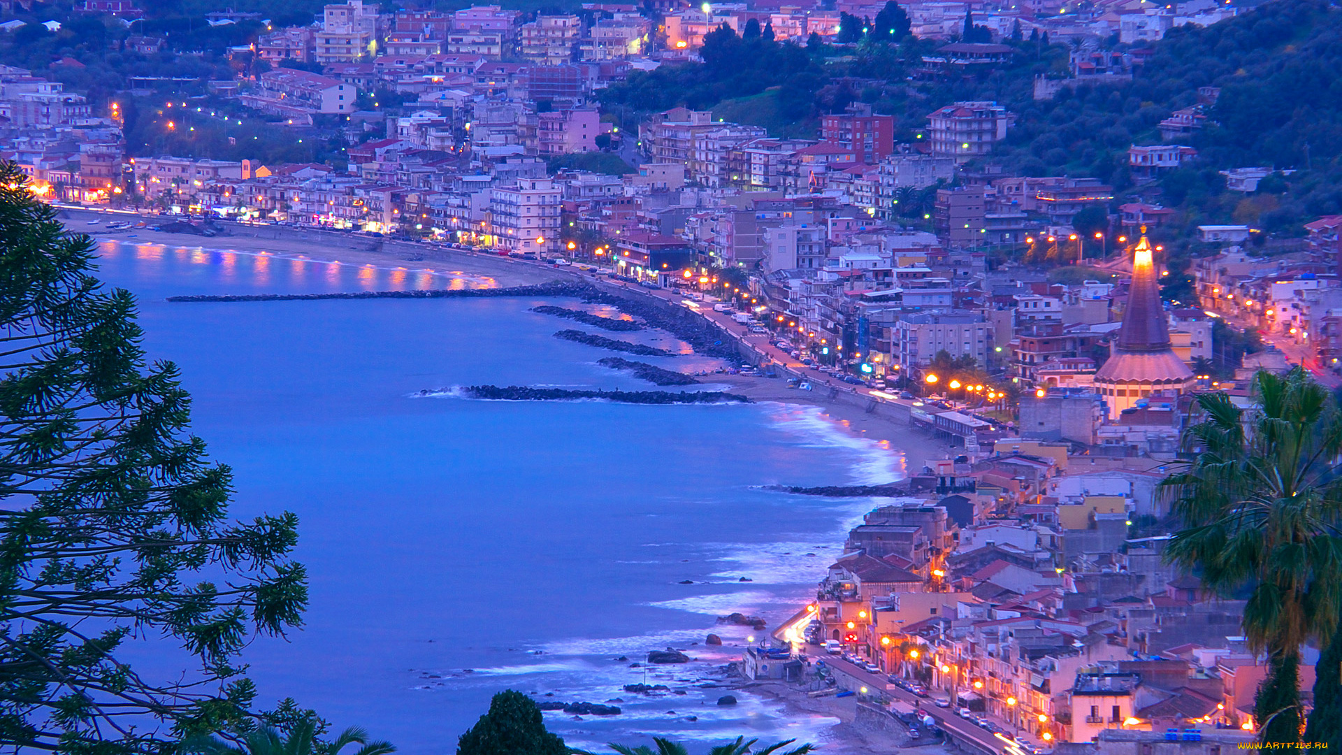 taormina, sicilia, города, огни, ночного