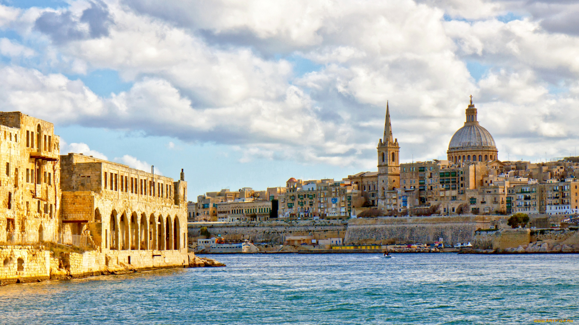 города, валетта, мальта, столица, вода, здания, панорама, valletta, malta, средиземное, море