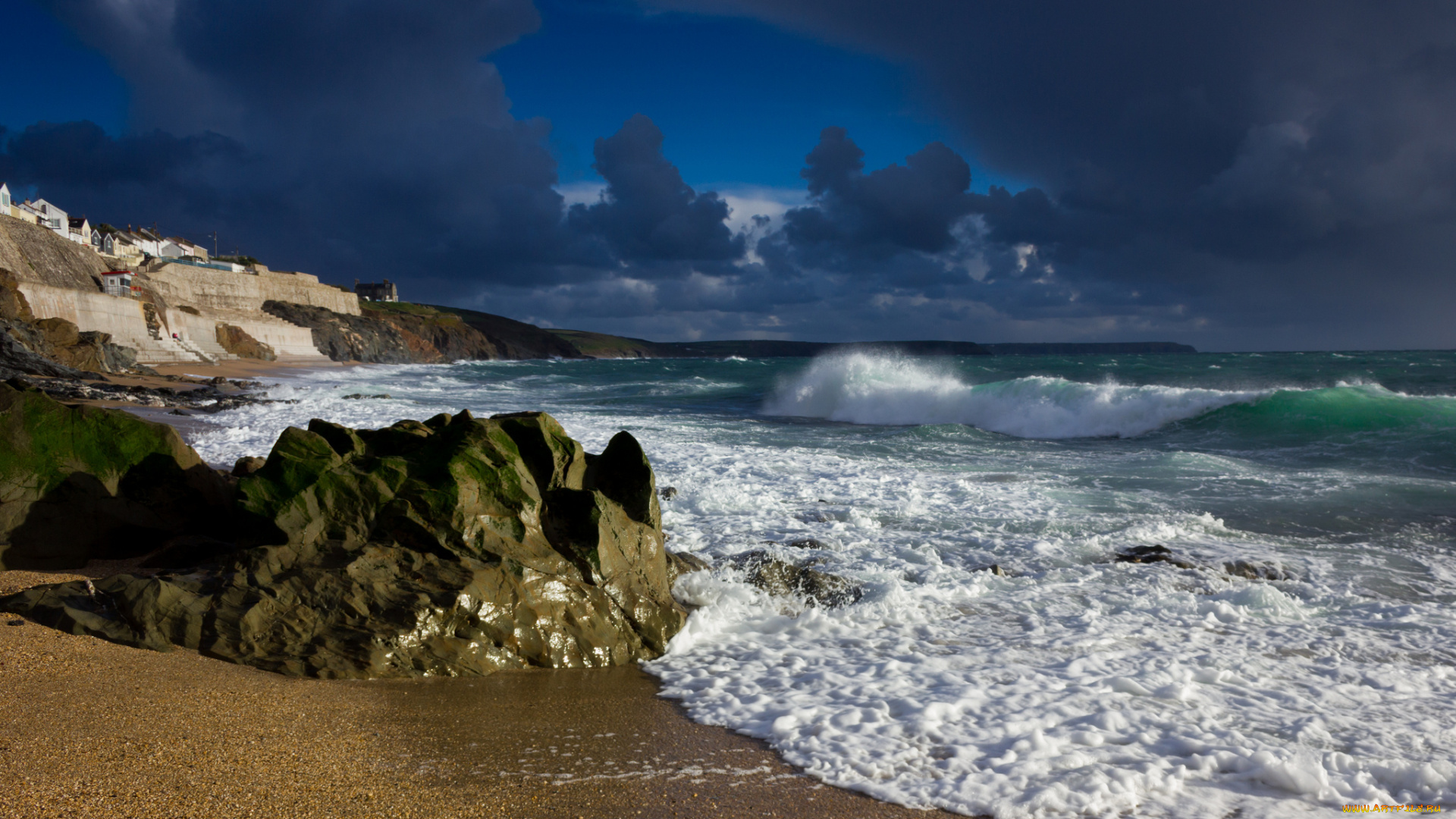 porthleven, england, природа, побережье, англия, море, волны, камни